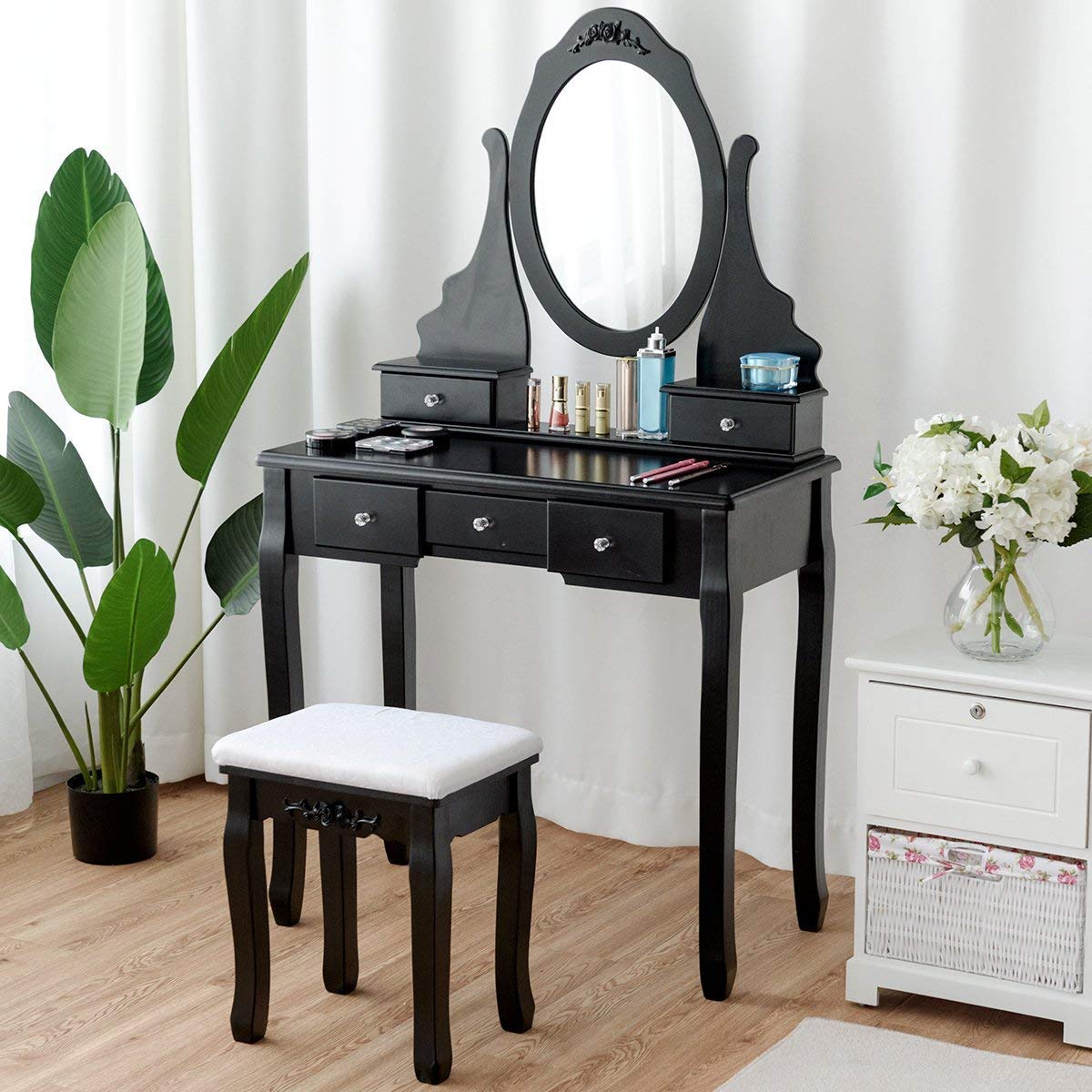 Giantex Vanity Set with Oval Mirror & Cushioned Stool - Large Makeup Dressing Table with 5 Drawers & Mirrored Bedroom Vanity for Women, Girls, Kids - Easy Assembly (Black) - Perfect for Bedroom, Dorm, Apartment Makeup & Beauty Organization