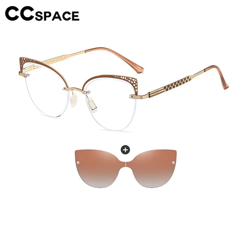 CCSpace Women's Full Rim Oval Cat Eye Alloy Eyeglasses with Clip-On Sunglasses - Fashionable Retro Frame for Work, Driving & Outdoor Activities (Model 302035)