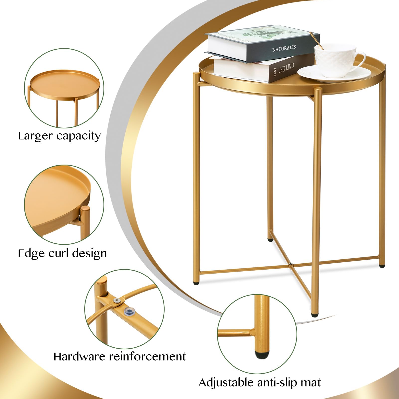 Gold Side Table - Round Metal End Table for Small Spaces, Outdoor & Indoor Accent Table with Removable Tray | Waterproof Patio Coffee Table for Living Room, Bedroom, Balcony, Office & Garden Decor (Gold)