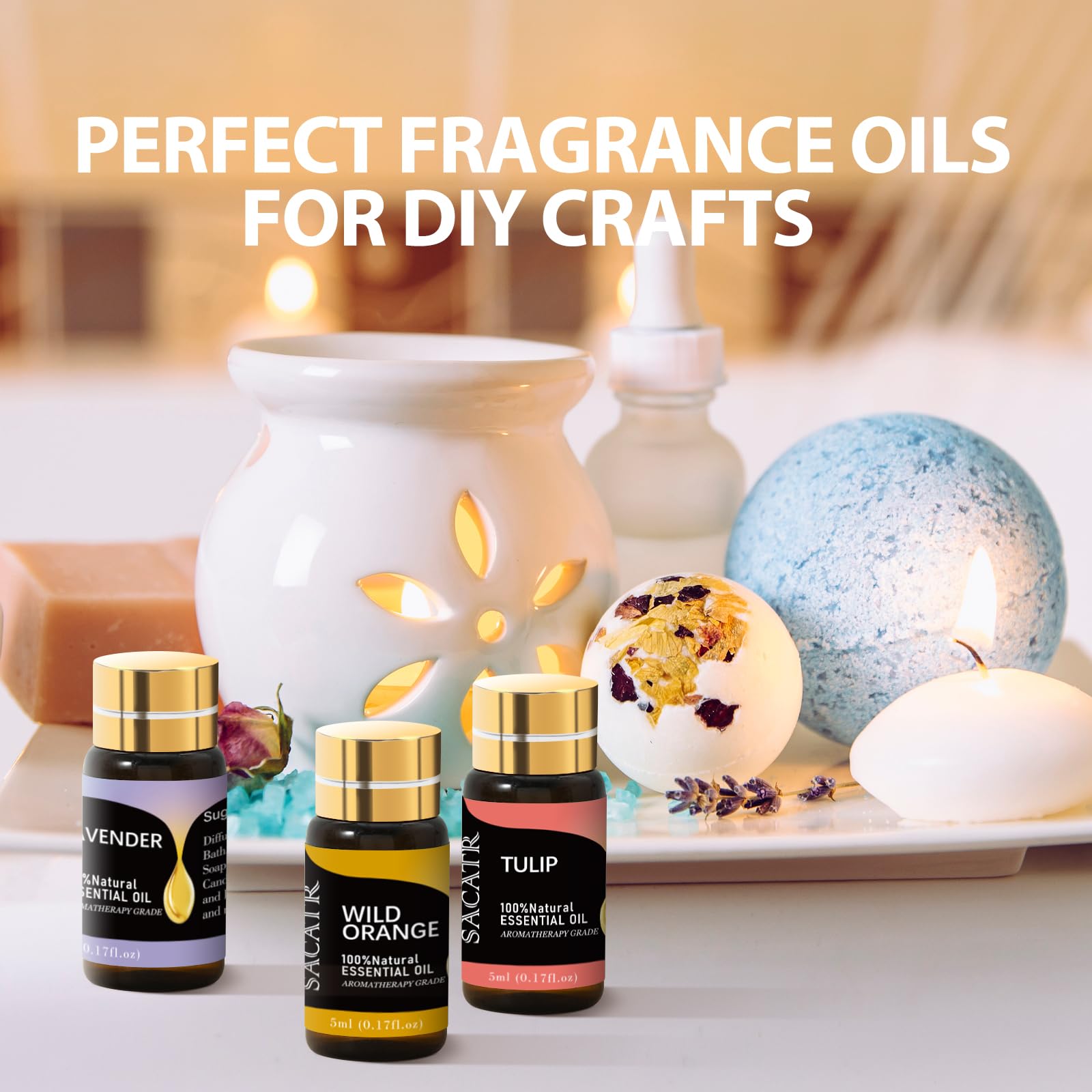 SACATR Natural Essential Oils Set - 12 Bottles (5ml Each) for Aromatherapy, Diffuser, Massage, DIY Candle & Soap Making | Lavender, Peppermint, Eucalyptus & More | Perfect for Home Spa, Relaxation & Gifts