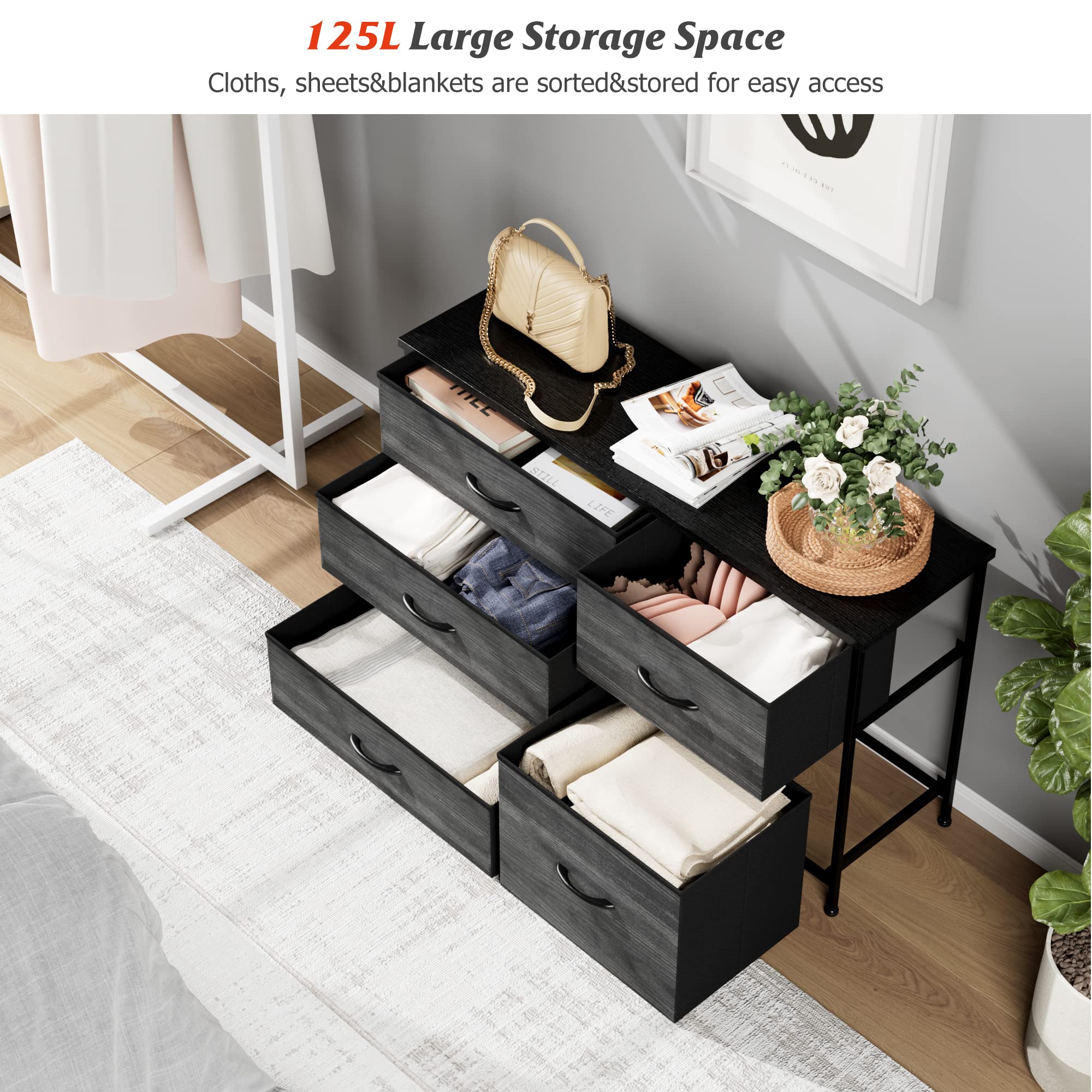 Modern 5-Drawer Black Dresser for Bedroom - Wood Grain Print Kids Dresser with Sturdy Wood Top - Space-Saving Storage for Clothes, Toys & Nursery Essentials - Perfect for Bedrooms, Closets & Kids' Rooms