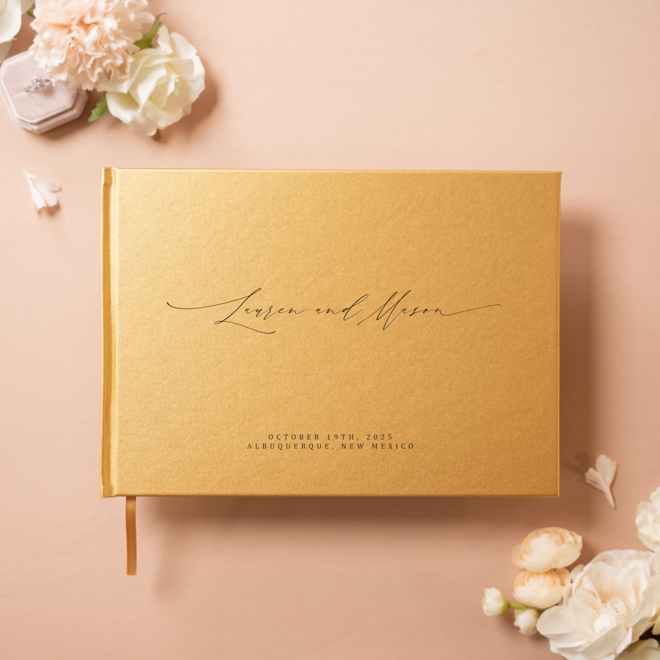 MUJEE Gold Guest Book - Custom Wedding Guestbook, Birthday Party Sign In Book, Event Memory Book with Bookmark & Blank Pages (11.5