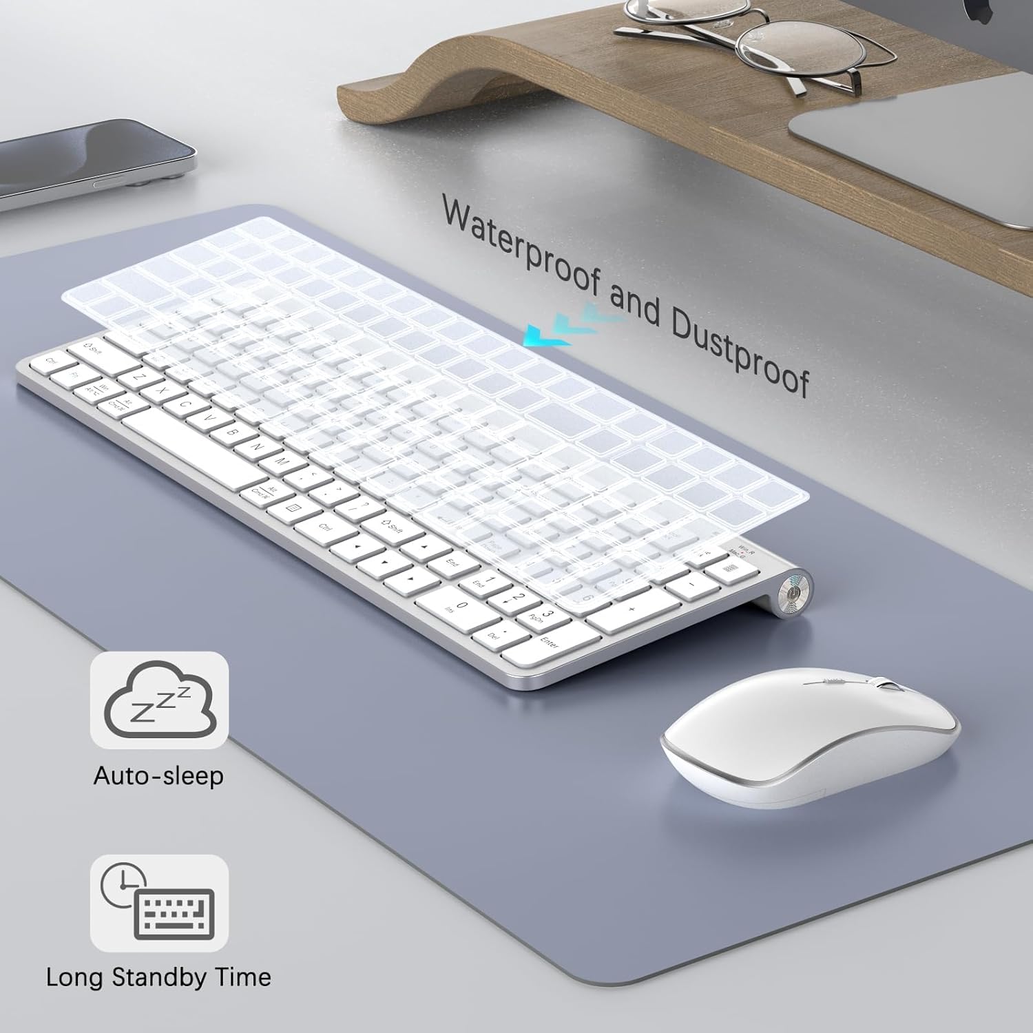 Upgraded Wireless Keyboard and Mouse Combo - Ergonomic, Dustproof, Portable with Number Keypad, Adjustable DPI for Laptop & PC (Windows/Mac) - Silver White - Perfect for Office, Home & Gaming Use
