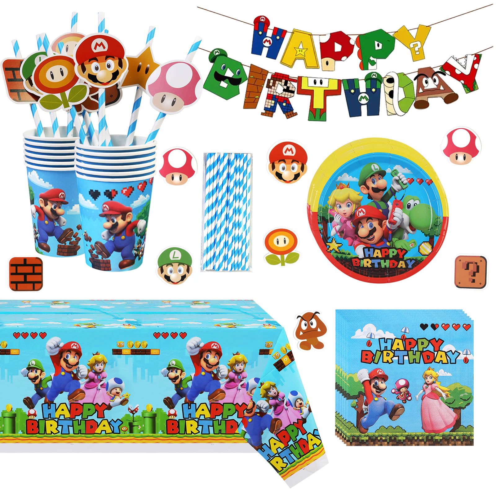 Birthday Party Supplies Kit - 20-Piece Decorations Set with Plates, Napkins, Cups, Tablecloth, Banners, Straws & Toppers for 20 Guests | Perfect for Kids Birthday Parties, Baby Showers & Family Celebrations