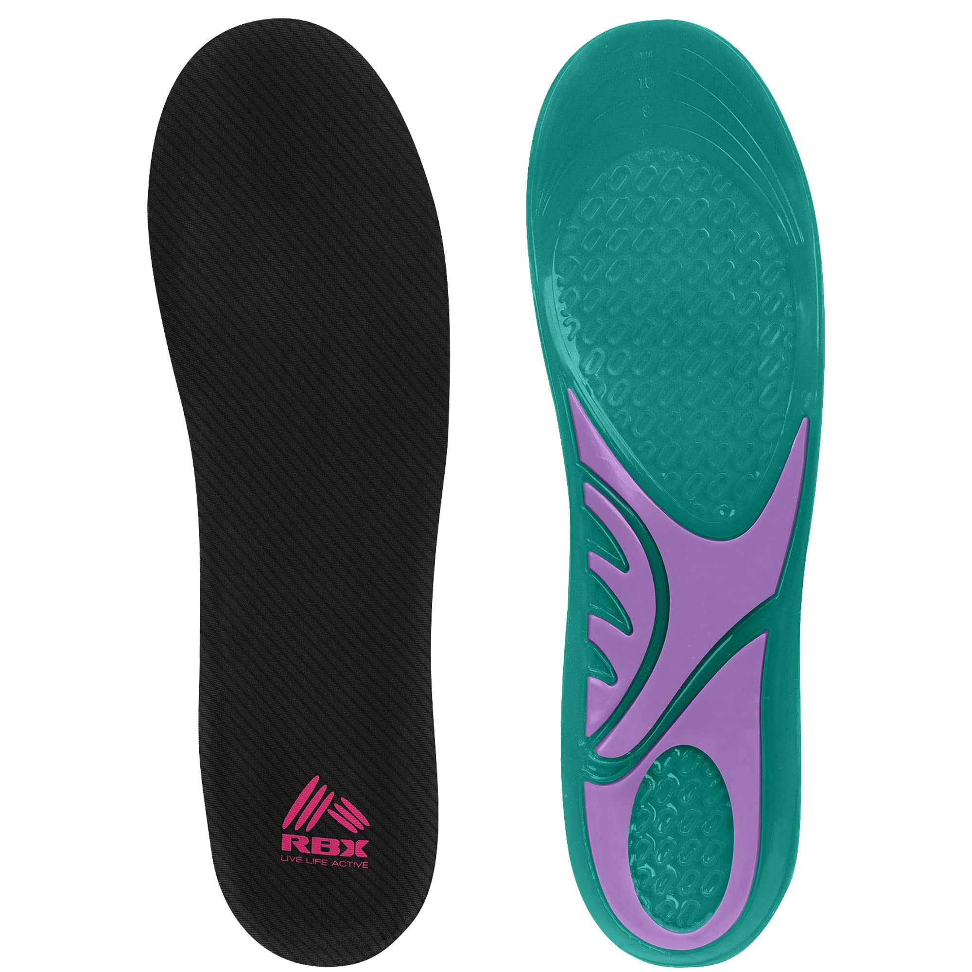 RBX Massaging Sport Gel Insoles for Women - All Day Comfort & Support, Full Length Cushioning (Size 6-10, Mint Green) - Perfect for Running, Walking & Standing Long Hours