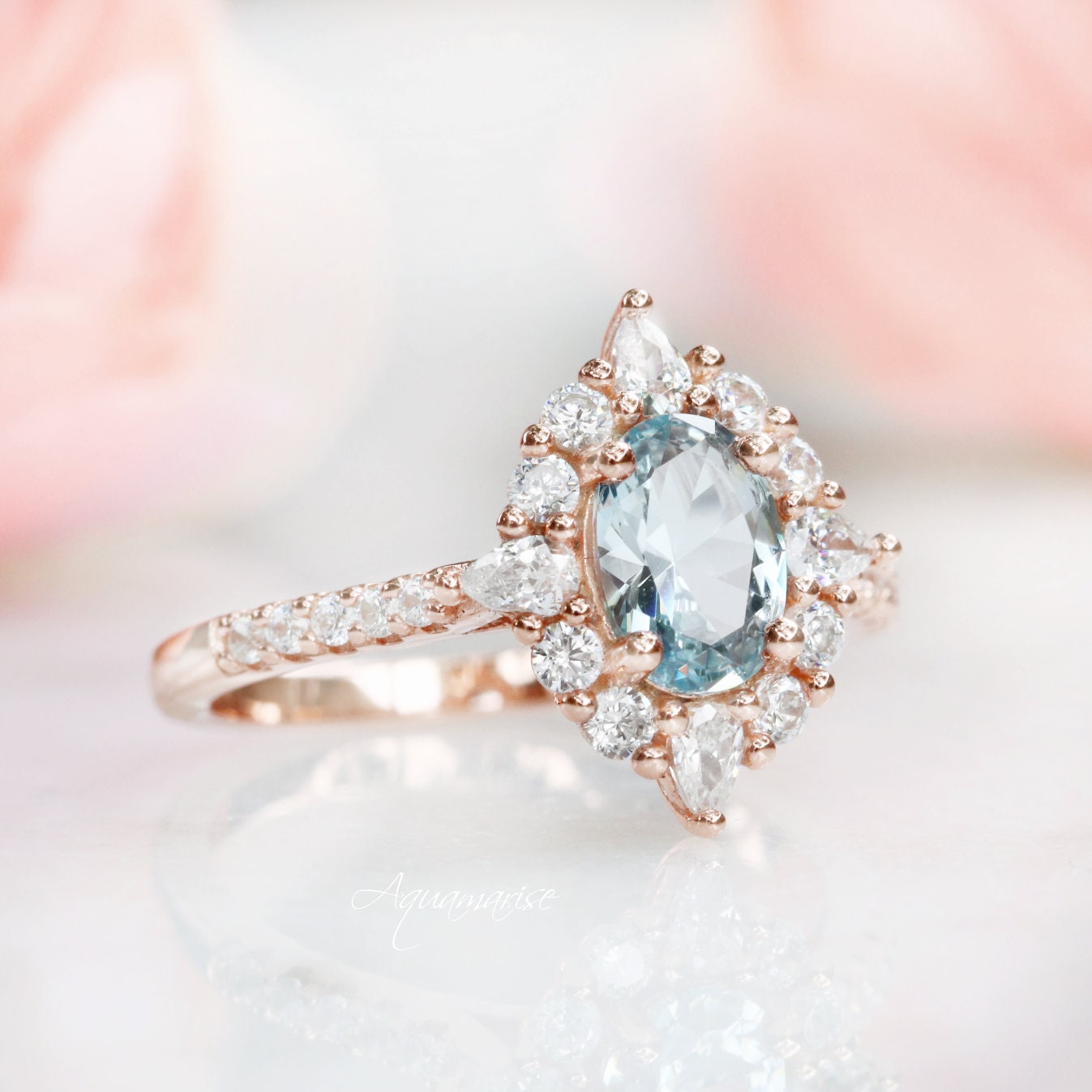 14K Rose Gold Vermeil Aquamarine Ring for Women - Elegant March Birthstone Jewelry Gift for Her - Perfect for Engagement, Anniversary & Special Occasions