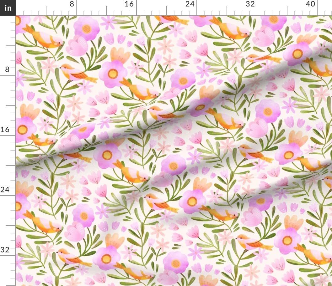 Spring Botanical Pink Floral Birds Printed Cotton Poplin Fabric - Fat Quarter for Sewing, Quilting, Dresses & Crafts | Perfect for Spring/Summer Apparel & Home Decor Projects