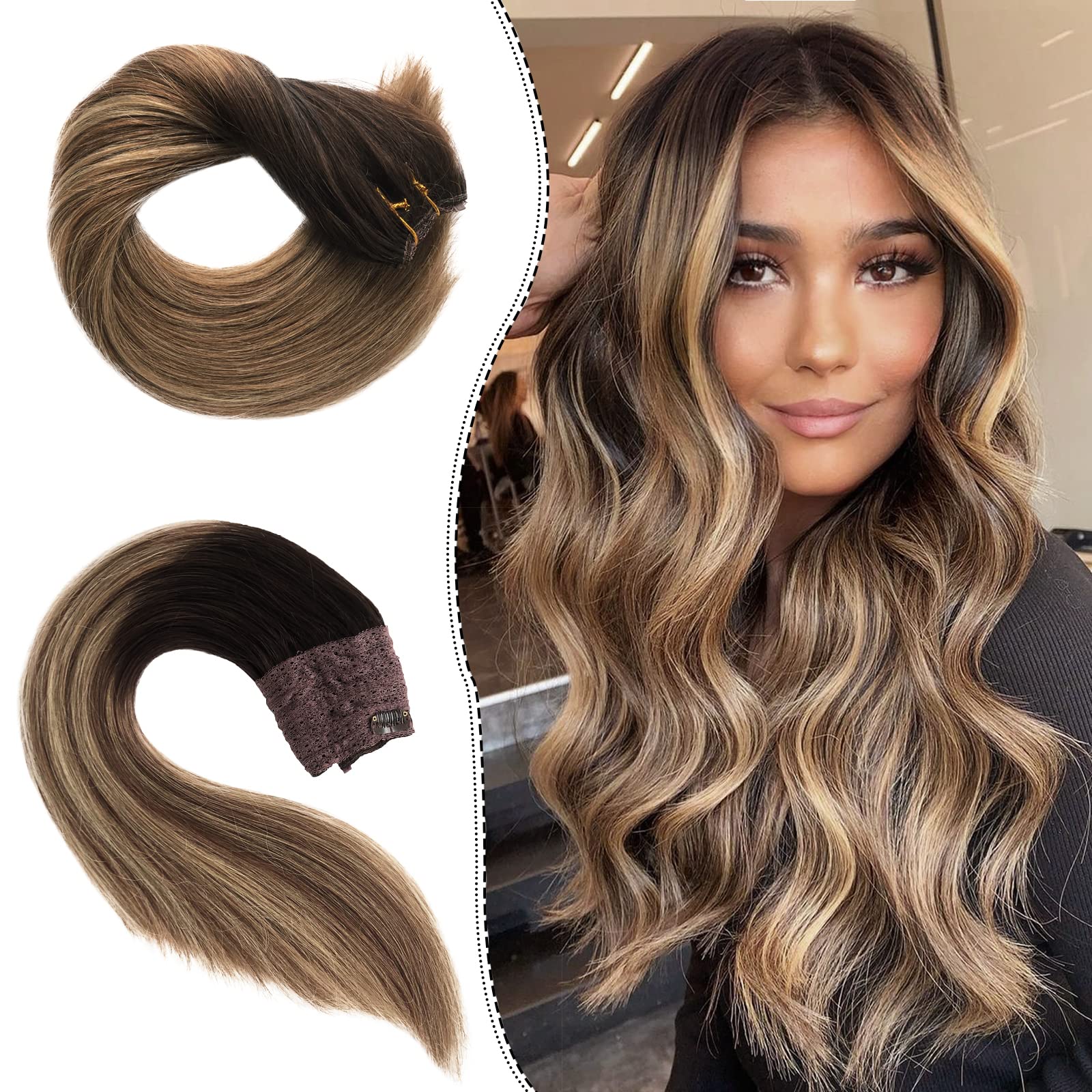 OiMiGO 20 Inch Human Hair Extensions with Invisible Fish Wire - Adjustable Size 100g (Brown Roots to Chocolate Brown Mix Beige Blonde Highlights) for Natural Volume & Length - Perfect for Parties, Weddings & Daily Styling