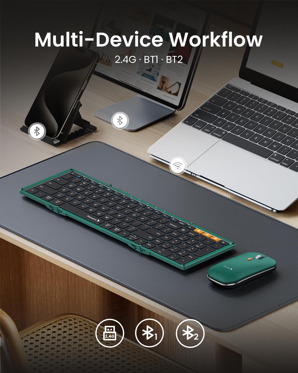 ProtoArc XKM01 Foldable Bluetooth Keyboard and Mouse Combo - Full-Size Portable Wireless Keyboard with 2.4G & Dual Bluetooth for Laptop, iPad, Tablet - Green | Perfect for Business Travel, Remote Work & On-the-Go Productivity