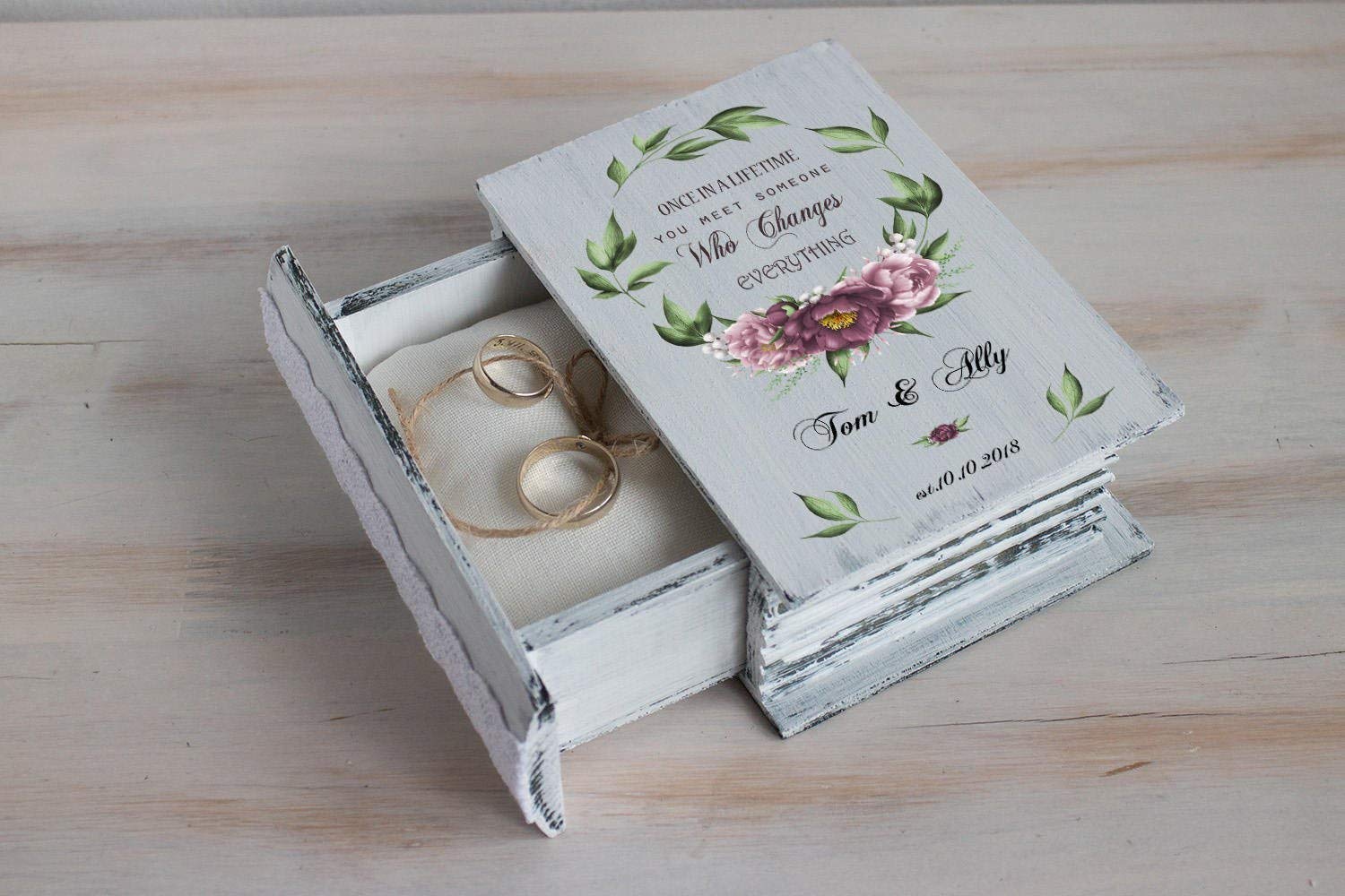 Personalized Wedding Ring Box - Floral Wreath Rose Engagement Ring Holder for Spring Weddings, Bridal Showers & Proposal Gifts | Elegant Pink Gift Box for Jewelry Storage & Ceremonial Keepsakes