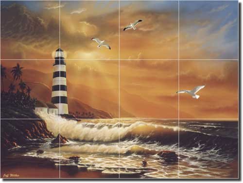 Jeff Wilkie Majestic Lighthouse Seascape Art Ceramic Tile Mural - 24x32 Inch Kitchen & Shower Backsplash - Coastal Decor for Bathroom, Beach House & Nautical Theme Interiors