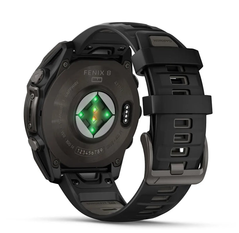Garmin fenix 8 GPS Smartwatch 47mm Solar Edition - Sapphire Lens, Carbon Gray DLC Titanium Case, Black/Pebble Gray Silicone Band - Outdoor Sports, Hiking, Running & Fitness Tracking