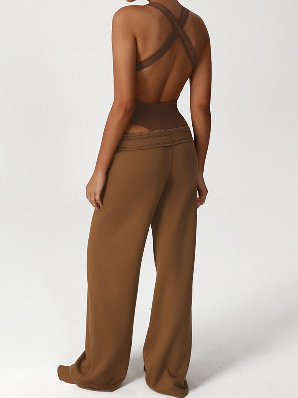 ZASUWA Women's V-Neck Cross Back Bodysuit - Sexy Slim Fit Stretchy T-Shirt for Layering, Workout & Casual Wear