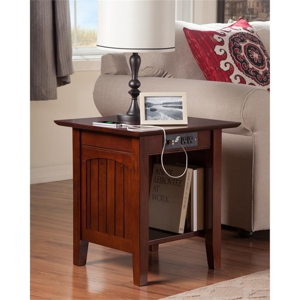 Modern Walnut Wood End Table with USB Charging Ports - Stylish Nightstand for Bedroom, Living Room & Office - Pemberly Row Contemporary Side Table