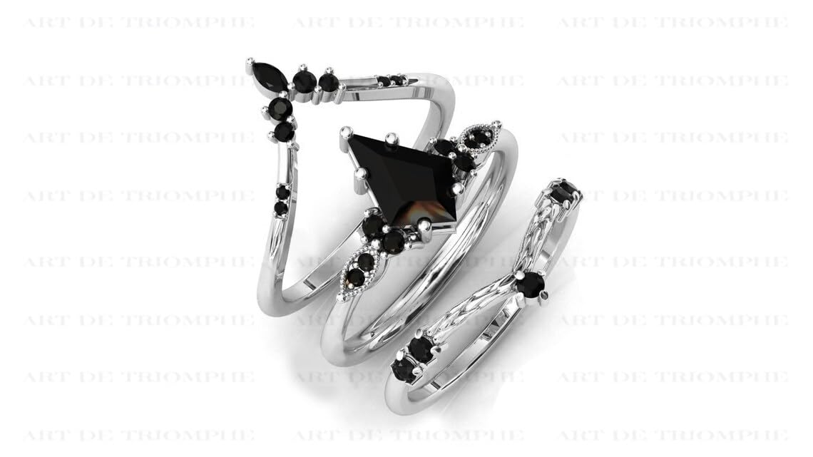 3 CT Kite Shaped Black Onyx Engagement Ring Set - Vintage Art Deco Wedding Band for Women, Unique Bridal Jewelry, Anniversary Promise Ring - Perfect for Proposals, Weddings & Special Occasions