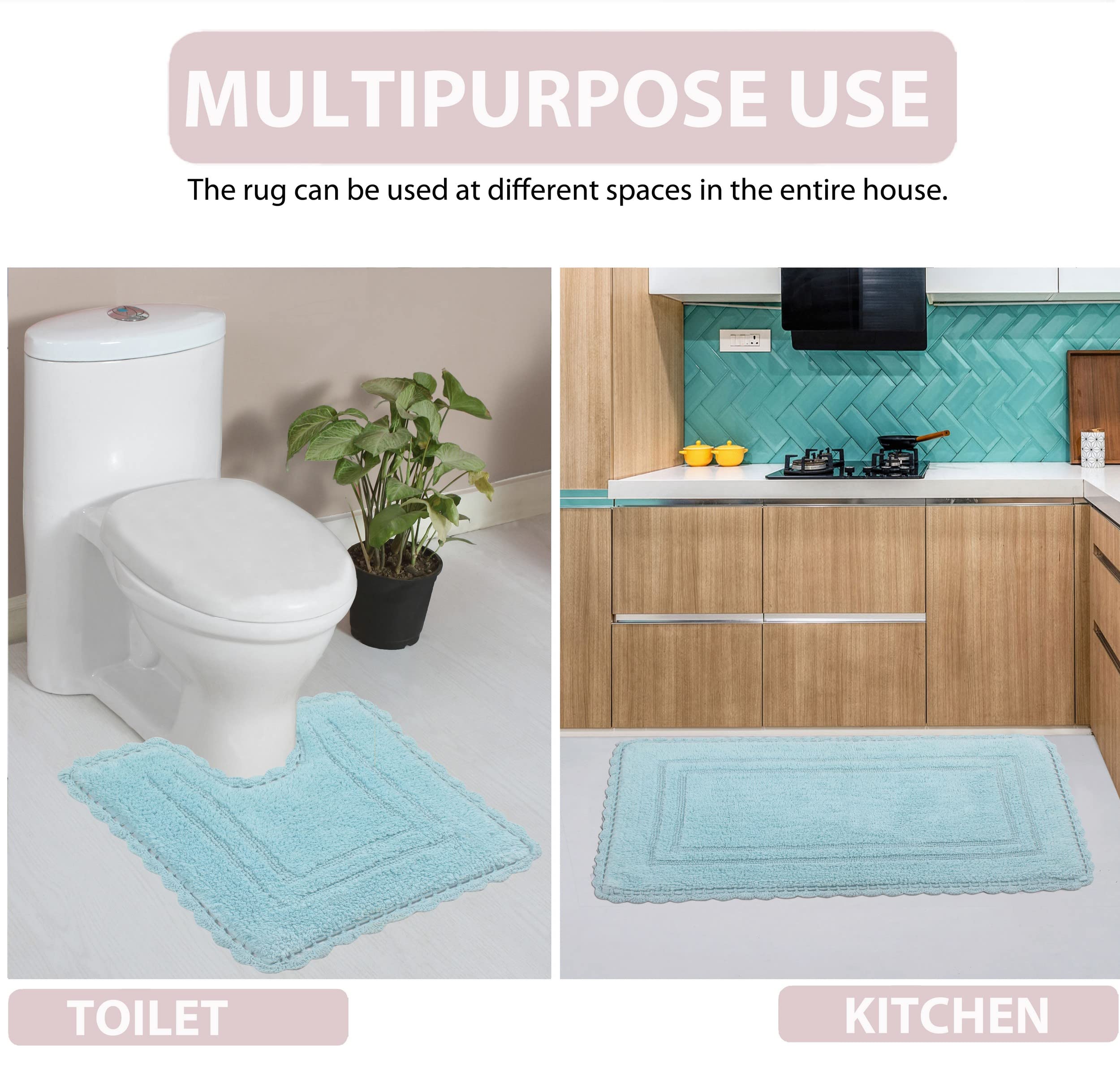 Home Weavers Reversible 100% Cotton Bath Mat Set - Ultra Soft Absorbent Non-Slip Bathroom Rug & Kitchen Mat (21