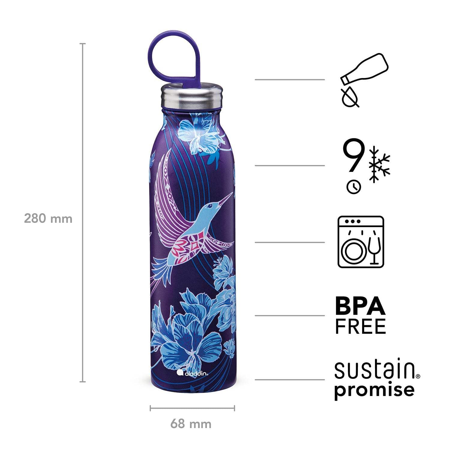 Aladdin 18oz Stainless Steel Insulated Water Bottle - 9 Hour Cold Retention, BPA-Free, Leakproof & Dishwasher Safe - Perfect for Hiking, Gym & Outdoor Activities - Riverside Indigo Color