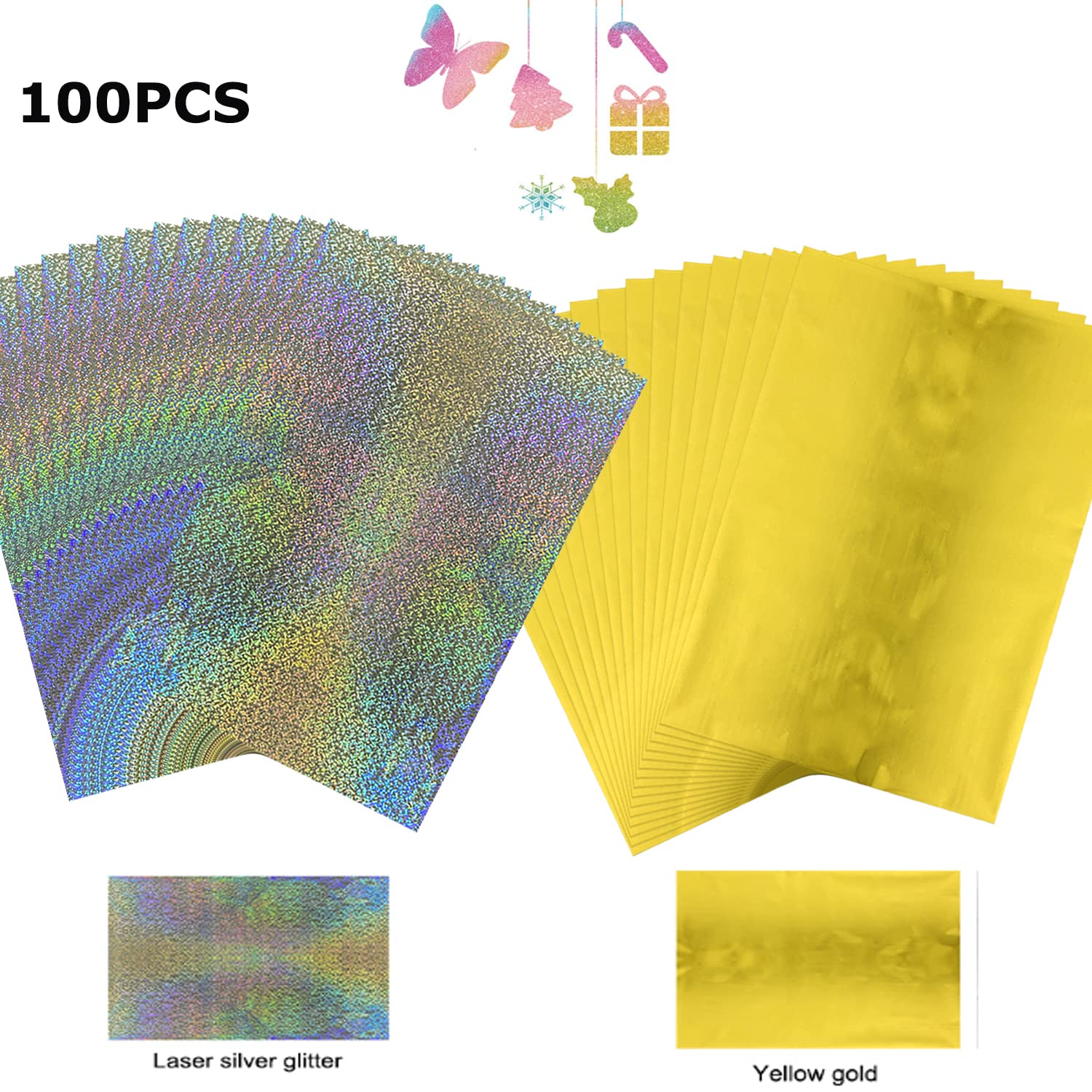 100PCS Glitter Hot Foil Sheets - Metallic Variety Pack with Vibrant Colors | 7.9x11.4 Inch Toner Reactive Foil for Laser Printers & Laminators | Perfect for Scrapbooking, Card Making, DIY Paper Crafts & Gift Wrapping