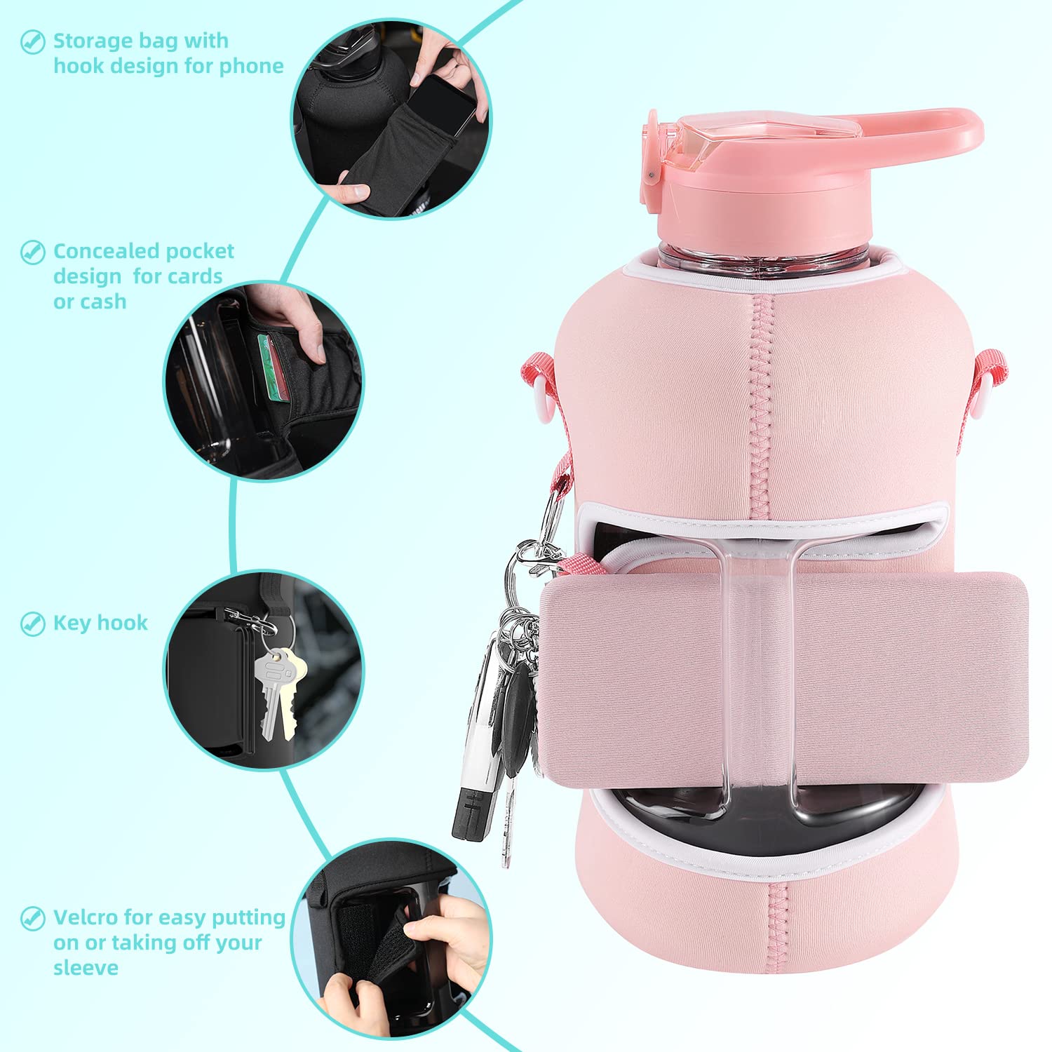 Pink Gym Water Bottle for Women - 64oz Half Gallon Large Water Bottle with Insulated Sleeve & Strap - Cute Workout Accessories Essentials - Perfect for Yoga, Running, Fitness & Gym Training