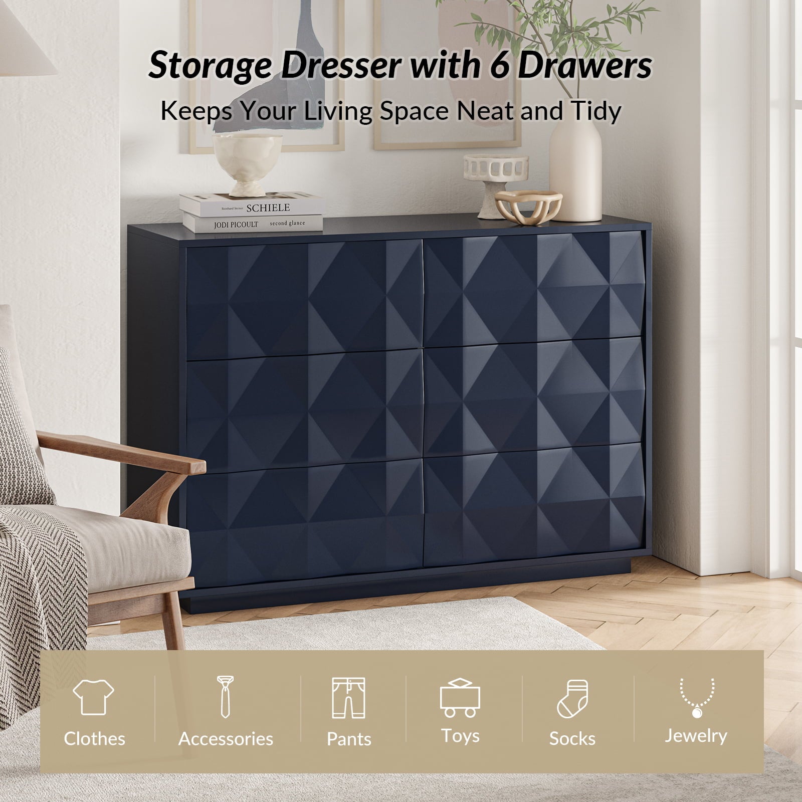 Modern 6-Drawer Dresser with Geometric Design - 50