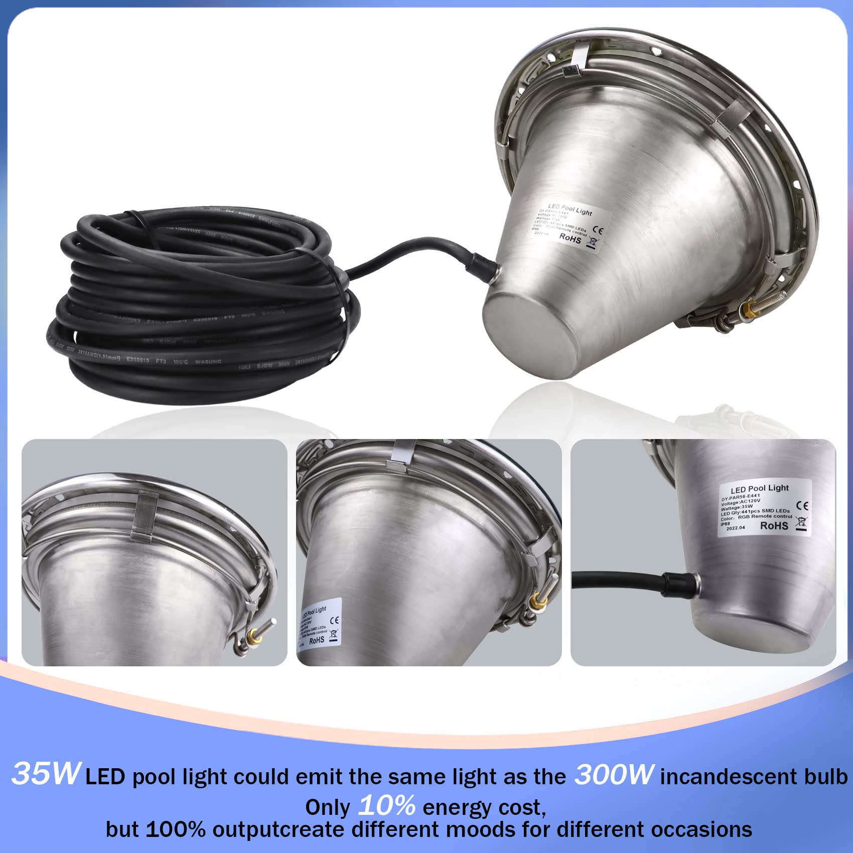 50FT 120V White Inground Pool Light - 10 Inch Underwater Swimming Pool & Spa Light Replacement for Crystal Clear Night Swimming | Perfect for Backyard, Resort & Commercial Pools