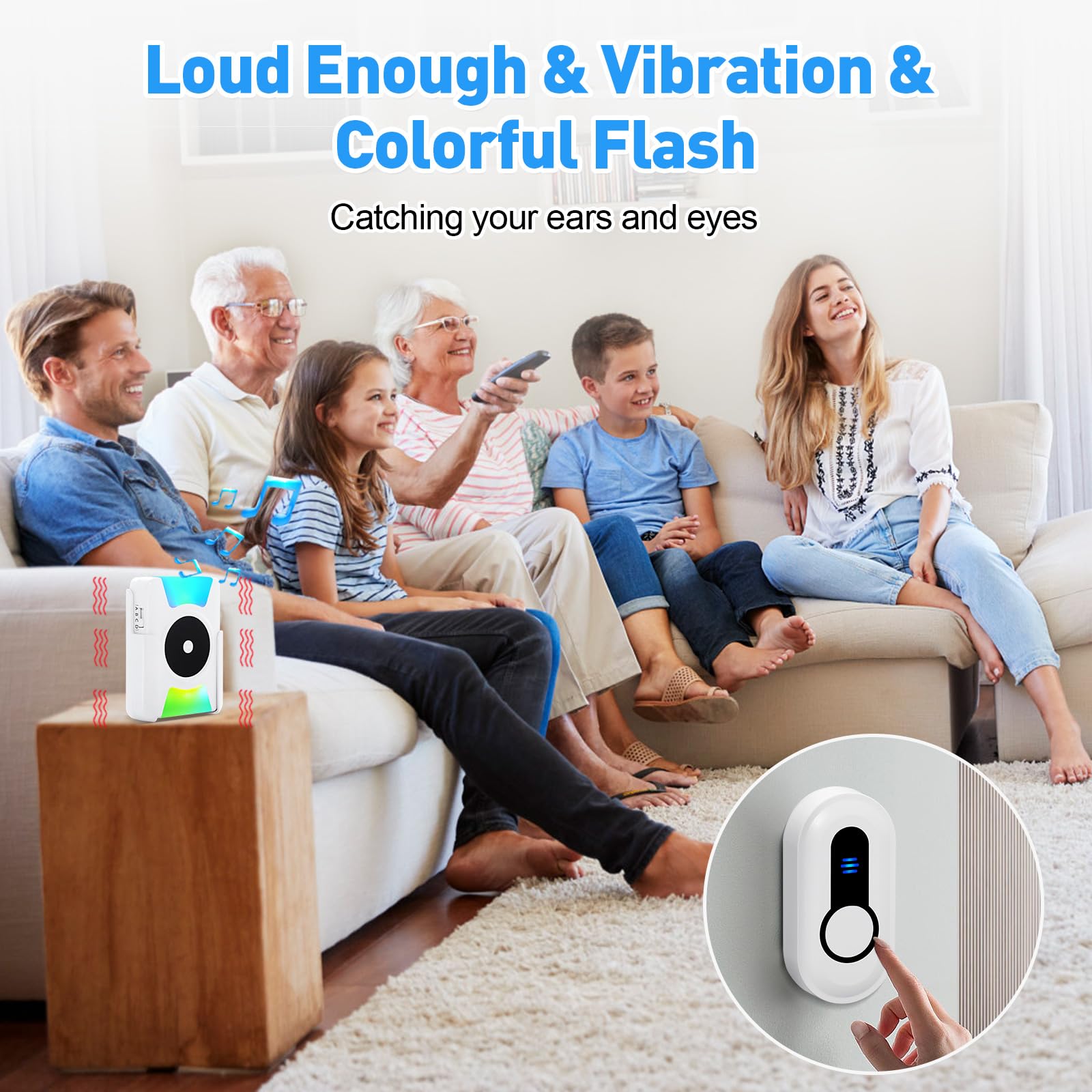 Wireless Doorbell with Vibrating Alert & LED Flashing - Battery Operated Door Chime Kit for Home, Hearing Impaired - 4 Working Modes & 5 Volume Levels - Perfect for Apartments, Offices & Elderly Care