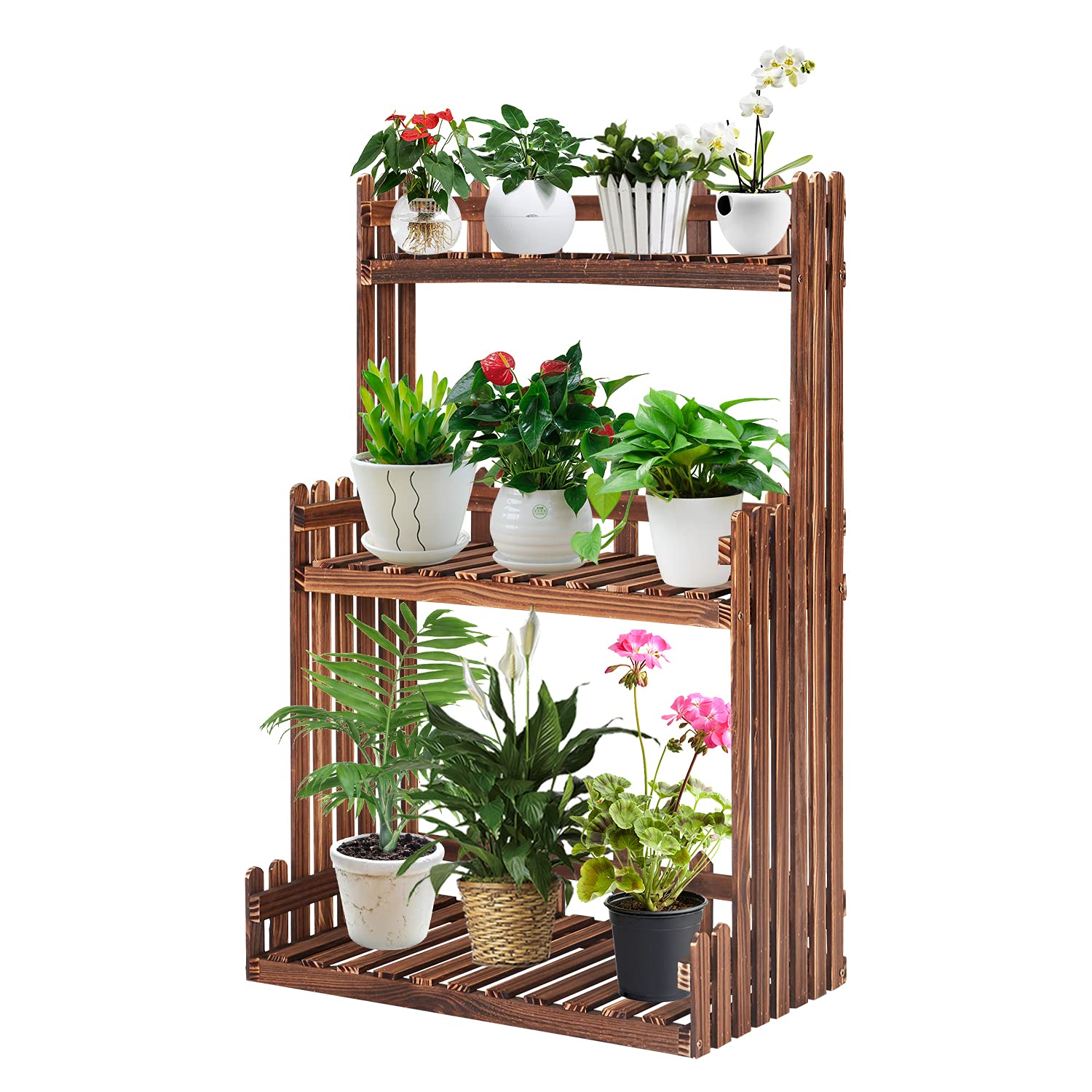 Wooden Flower Rack Plant Stand with 3 Shelves - Holds 9 Pots for Bonsai Display - Indoor Outdoor Garden, Patio, Balcony Decor - Perfect for Home, Yard & Small Space Gardening