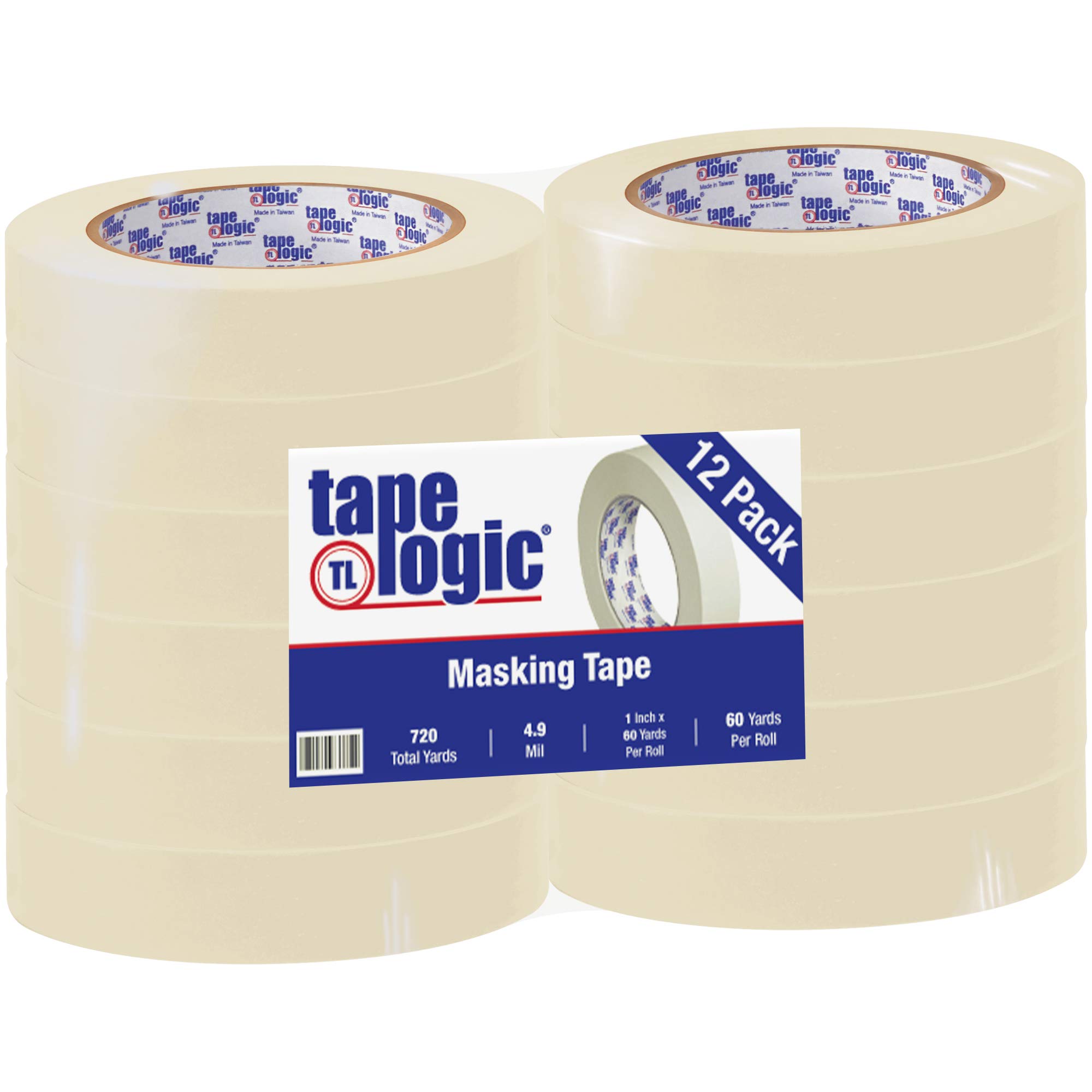 Tape Logic 2200 Bulk Pack of 12 - 1 Inch x 60 Yards General Purpose Masking Tape | Natural Color, Removable & Easy Tear | Perfect for Home, Office, Labeling, Arts & Crafts, DIY Projects & Gift Wrapping
