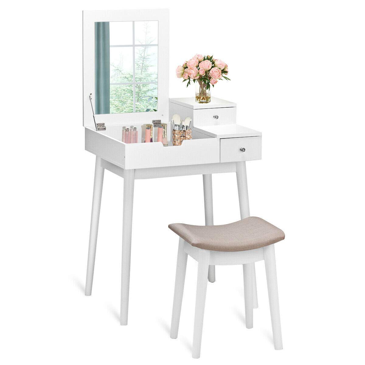 Vanity Dressing Table Set with Flip Mirror & Stool - Modern Writing Desk & Makeup Vanity for Bedroom, Home Office - Perfect for Beauty Routine, Study & Work Space