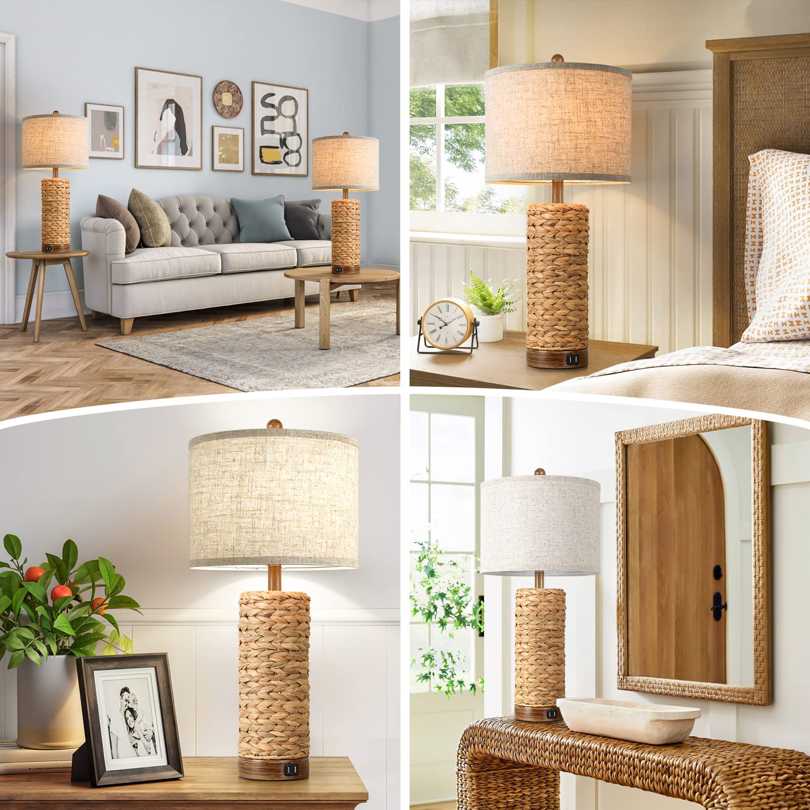 Set of 2 Rattan Table Lamps with 2 USB Ports - 27