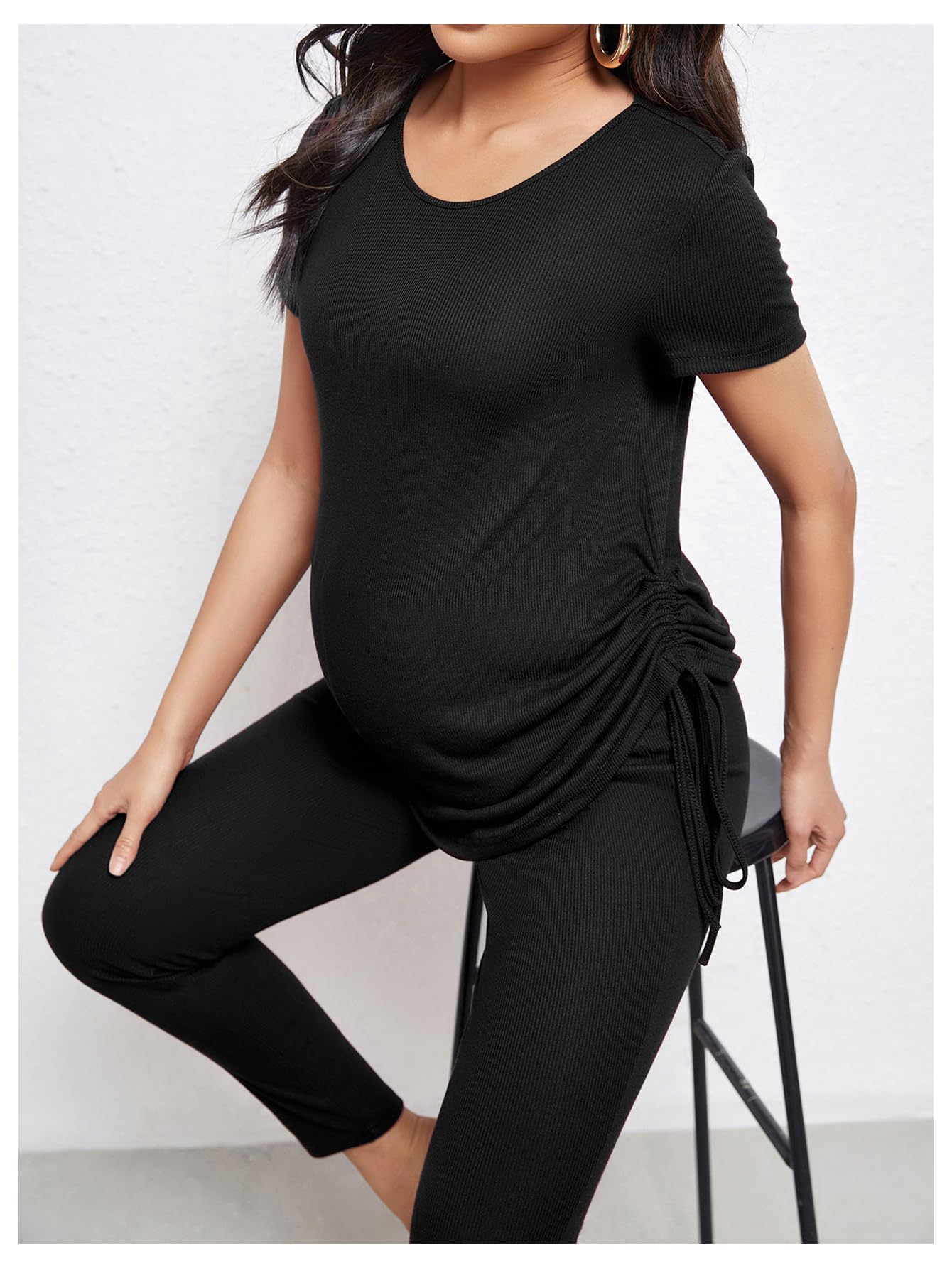 OYOANGLE Women's Maternity 2-Piece Outfit - Stretchy Ribbed Tee & Leggings Set with Drawstring Waist for Pregnancy Comfort | Perfect for Maternity Photos, Lounge Wear & Nursing Clothes
