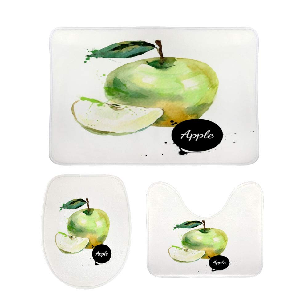 Non-Slip 3-Piece Bathroom Rug Set - Absorbent Coral Fleece Contour Toilet Mat, Lid Cover & Close Stool Rug with Watercolor Apple Design | Perfect for Bathroom, Shower & Tub Areas