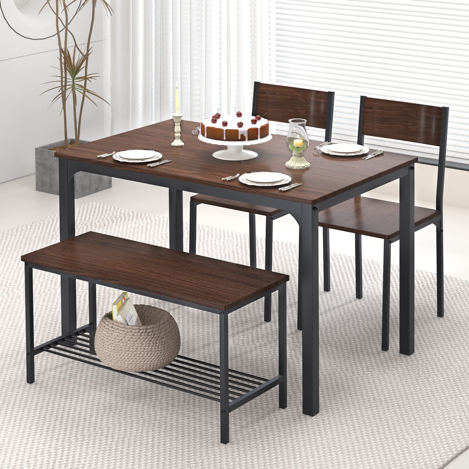 SogesHome 4-Piece Kitchen Dining Table Set with 2 Chairs & Bench - Compact Space-Saving Design for Small Apartments, Living Rooms, Restaurants - Dark Walnut Finish | Perfect for Breakfast Nooks, Studio Apartments & Cozy Dining Areas