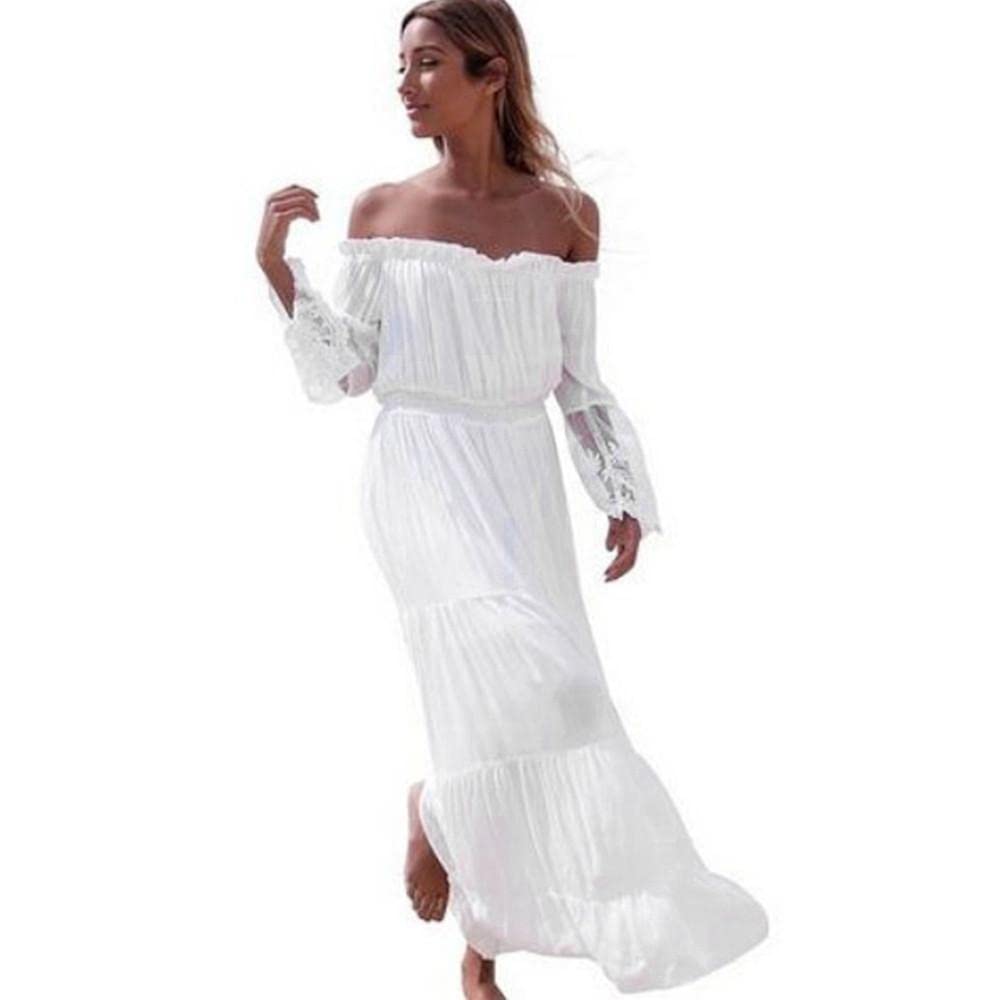 Elegant White Lace V-Neck Long Maxi Dress for Women - Wedding Guest, Evening Banquet & Party Dress with Short Sleeves | Perfect for Bridal Showers, Formal Events & Summer Weddings