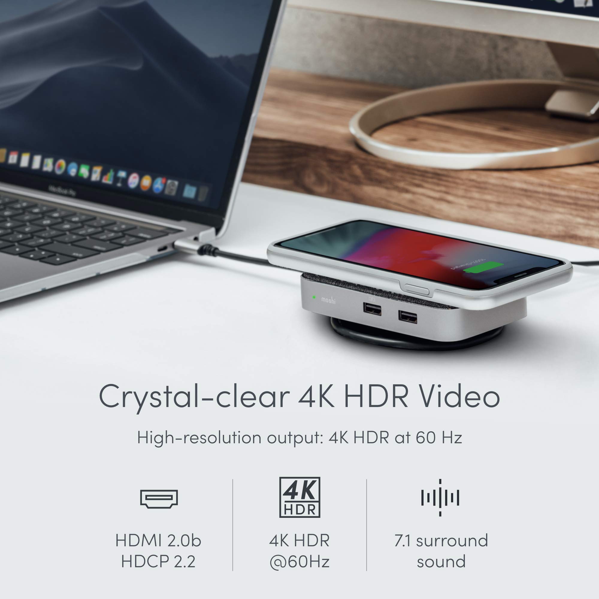 Moshi Symbus Q 6-in-1 USB C Hub with 15W Wireless Charger - HDMI 4K HDR, 60W PD Fast Charging, Dual USB-A, Gigabit Ethernet - Compatible with iPhone 12 Series, AirPods Pro, Samsung Galaxy & Google Pixel - Perfect for Home Office, Travel & Mobile Workstations