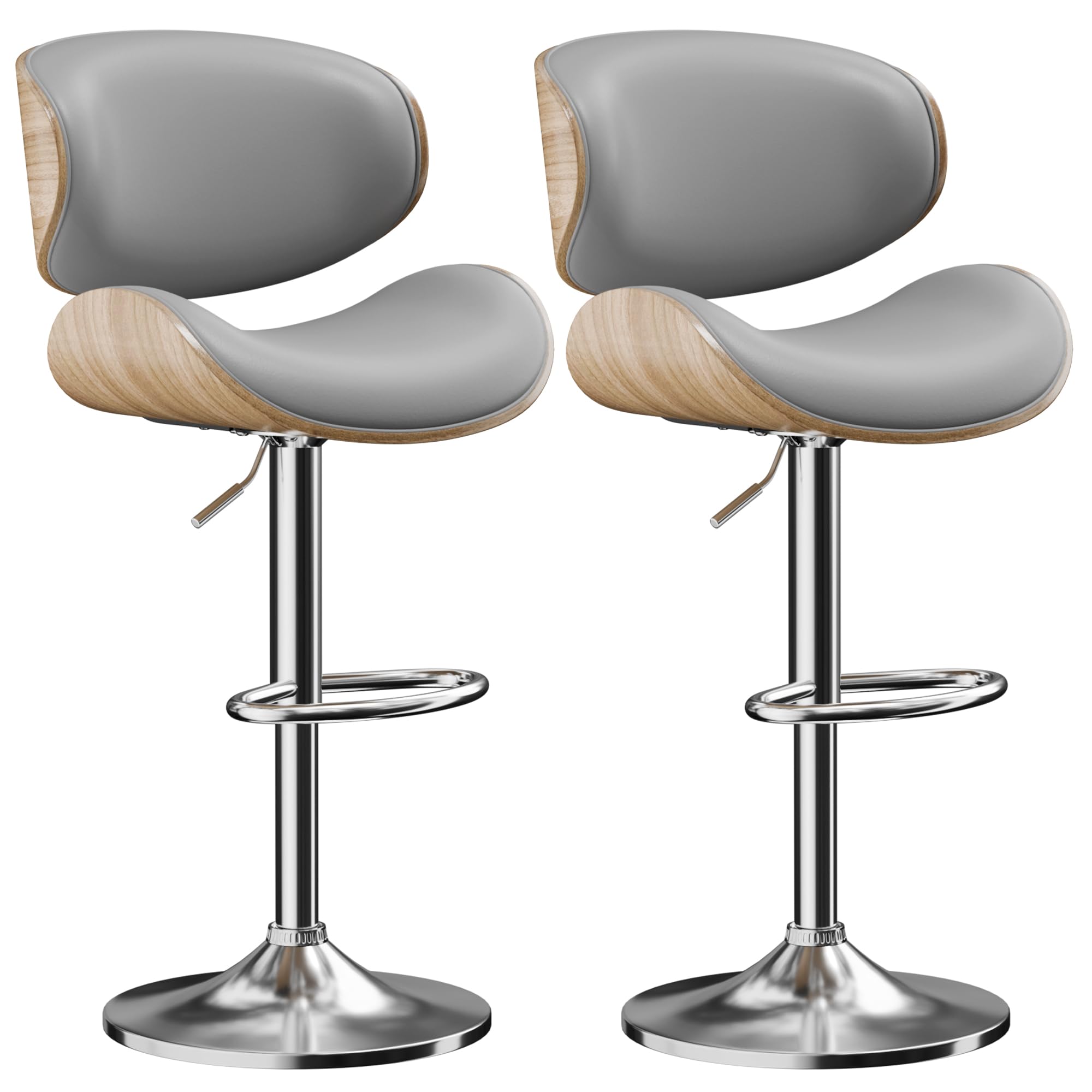 2 Pack Adjustable Swivel Leather Bar Stools - Mid Century Modern Counter Height Bar Chairs with Backrest & Footrest for Kitchen Island, Breakfast Nook or Home Bar (Grey)