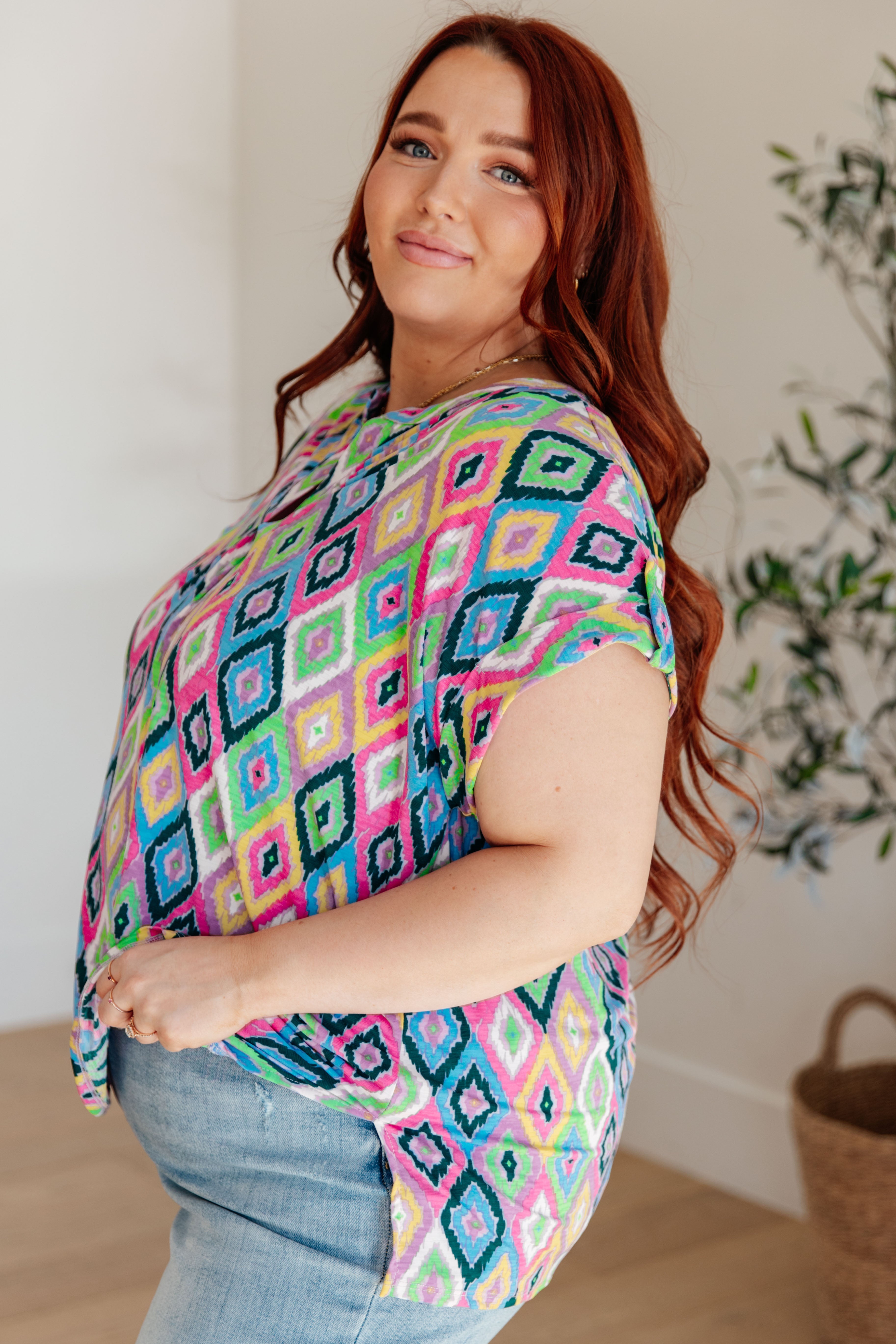Lizzy Cap Sleeve Top in Lavender Ikat Print - Women's Floral Blouse for Casual Wear, Office Outfits & Summer Fashion
