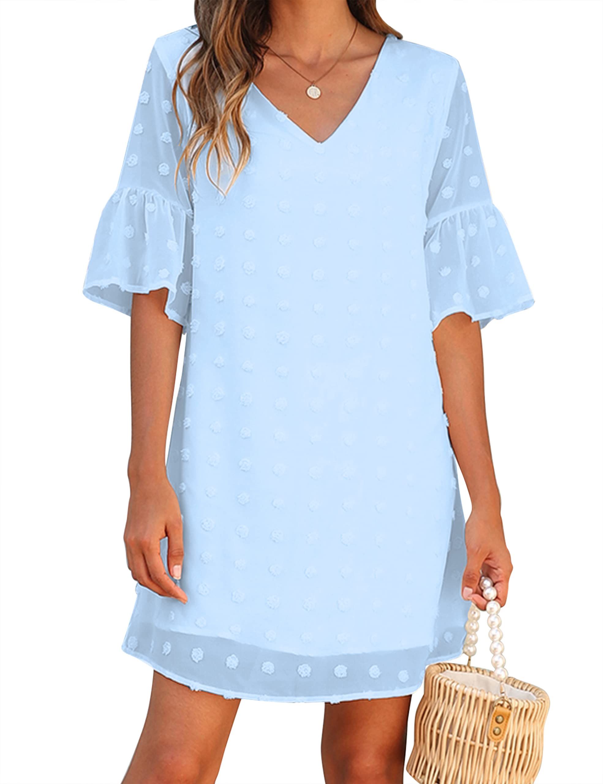 Blooming Jelly Women's White Summer Dress - Short Sleeve V-Neck Ruffle Chiffon Flowy Shift Mini Dress for Beach, Party & Casual Wear