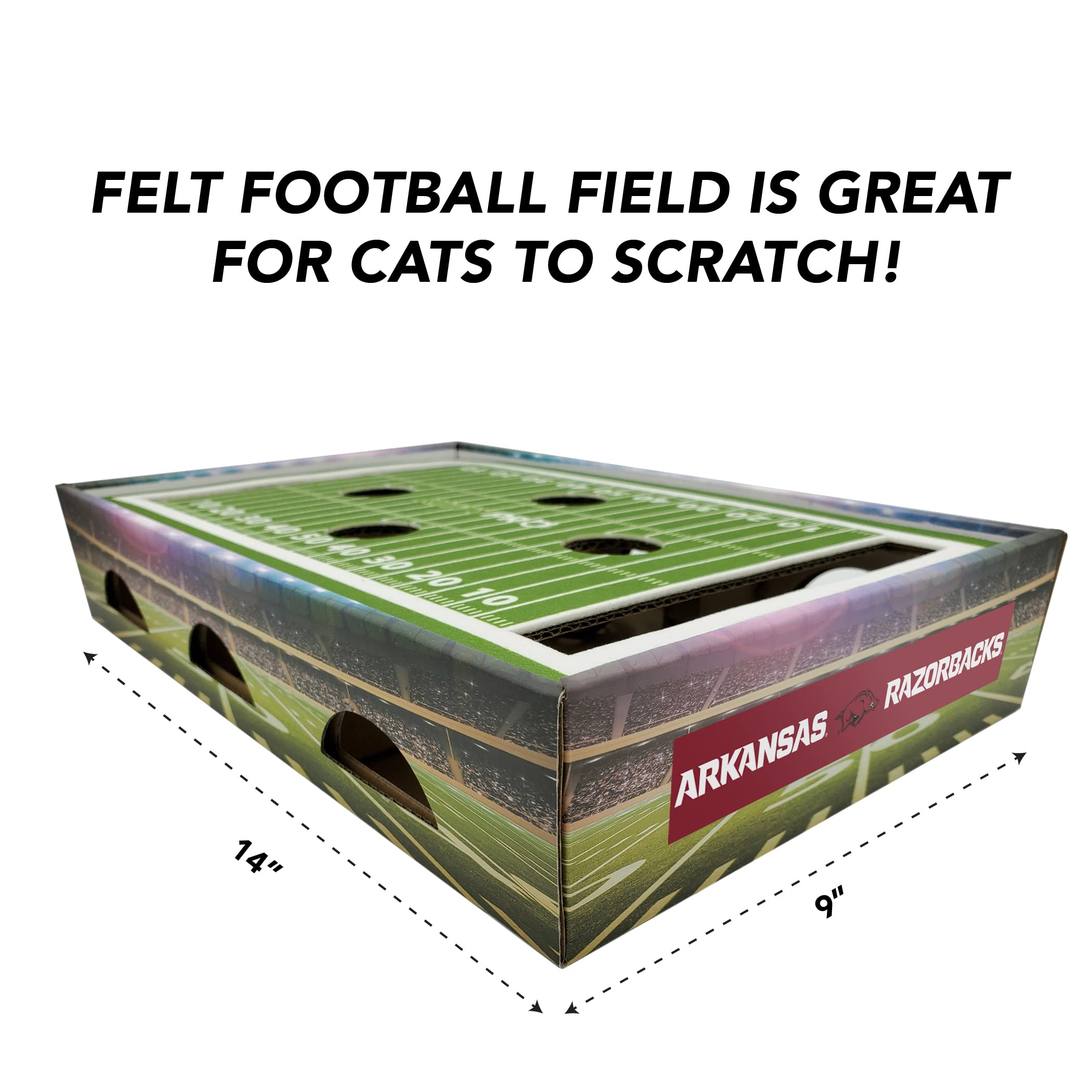NCAA Arkansas Razorbacks Cat Scratcher Box - Football Field Design Cat Toy & Lounge for Game Day | Durable Cardboard Scratcher with Catnip for Indoor Cats | Perfect for Razorbacks Fans & Game Day Entertainment
