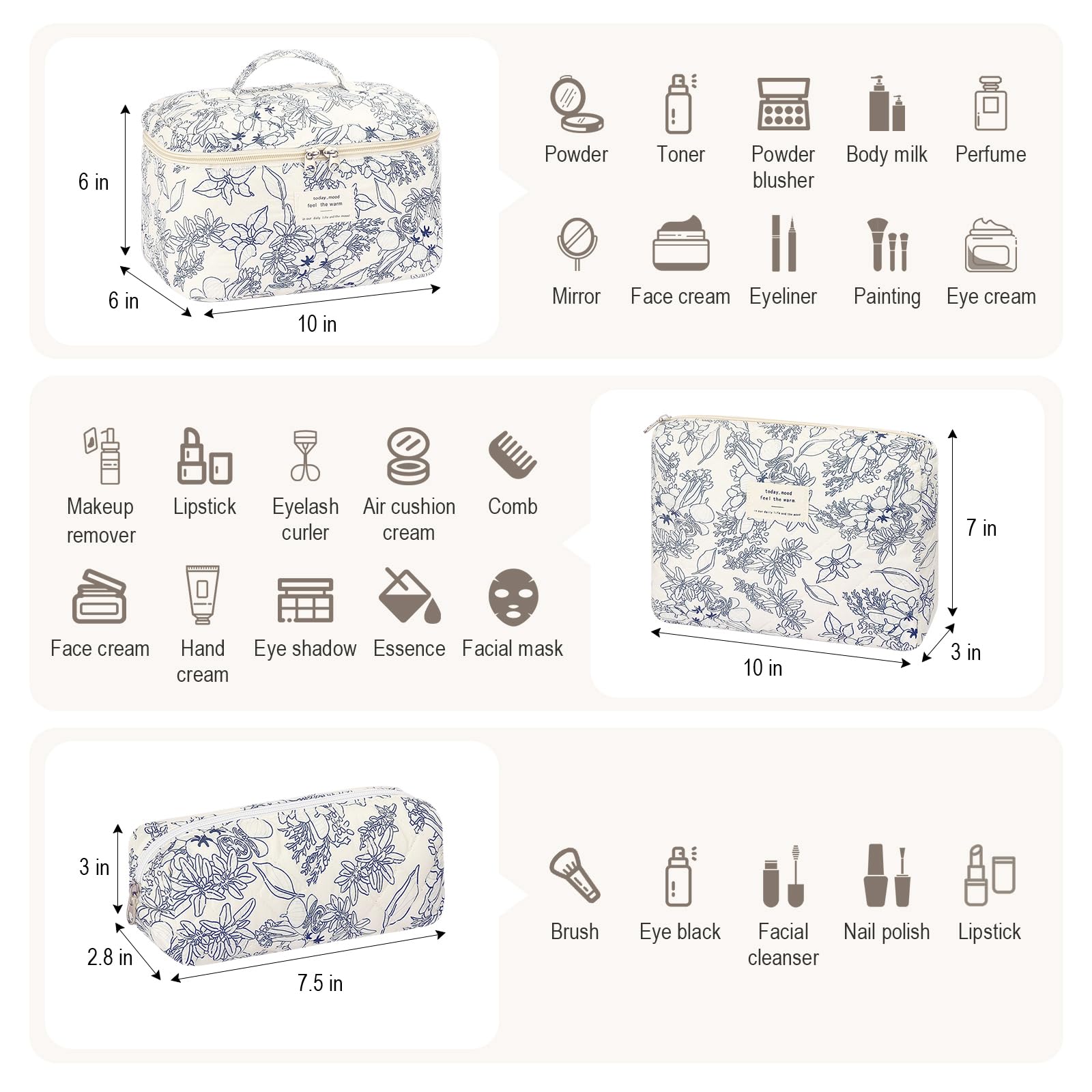 Mossio Large Floral Quilted Cotton Makeup Bag - Cute Cosmetic Organizer for Women & Girls, Travel Toiletry Pouch, Navy Blue - Perfect for Travel, Gym, and Daily Beauty Essentials