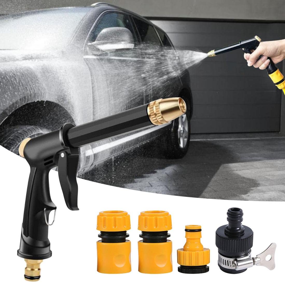 **High Pressure Garden Hose Nozzle Spray Gun with 4 Connectors - Heavy Duty Water Hose Nozzle for Car Washing, Outdoor Gardening, Patio & Yard Cleaning | Perfect for Lawn Care, Plant Watering & Home Cleaning**
