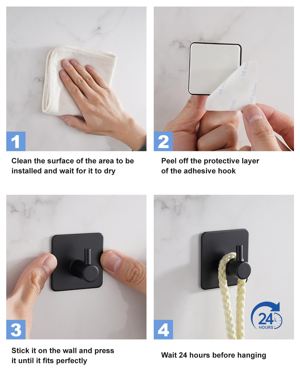 4 Pack Heavy Duty Stainless Steel Adhesive Hooks - Waterproof Wall Hooks for Bathroom, Kitchen & Home - No Damage Hanging Solution for Robes, Coats, Keys, Towels & Clothes - Perfect for Showers, Lockers & Entryways