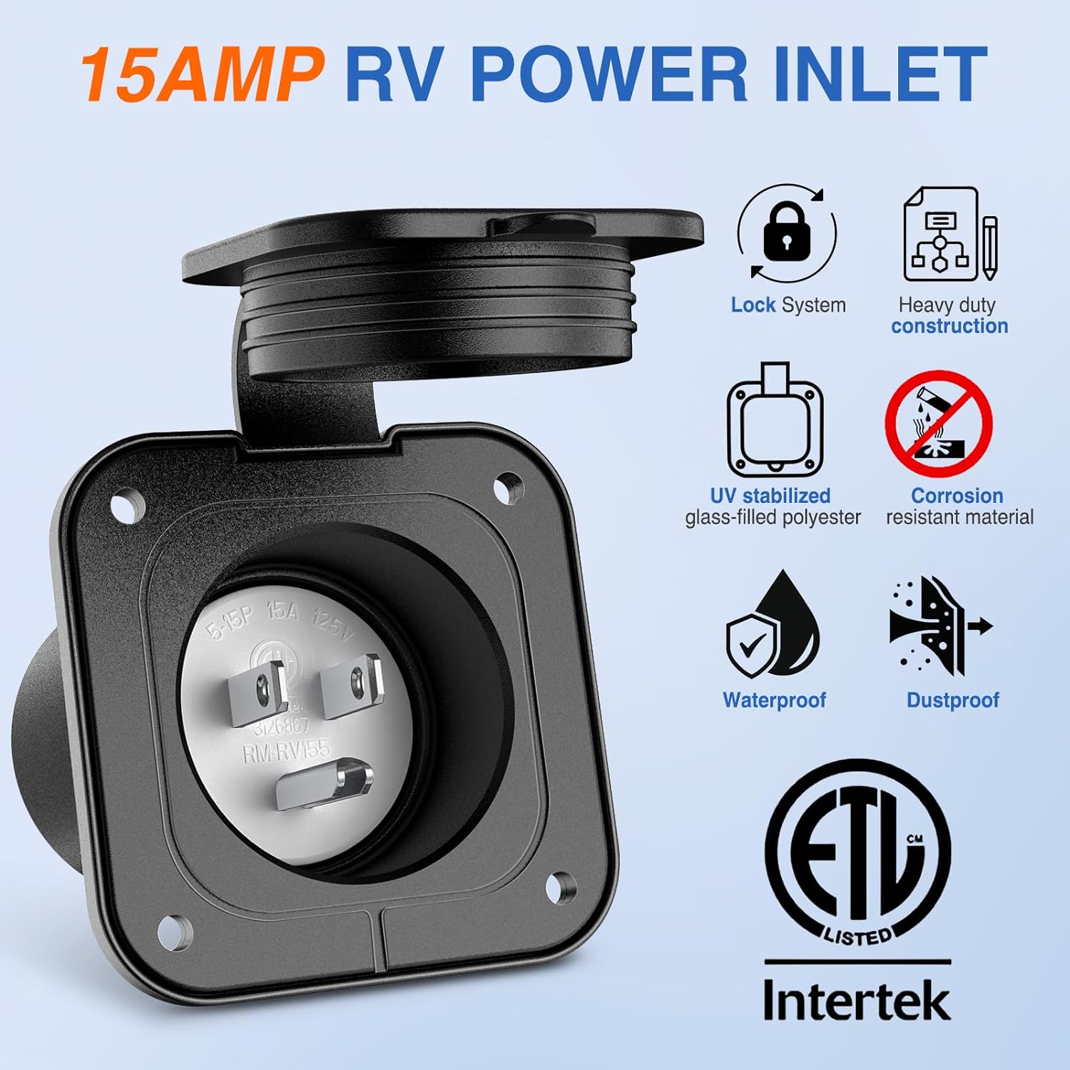 15AMP RV Power Inlet - Heavy Duty Weatherproof Electrical Receptacle for RV, Camper & Trailer - Perfect for Outdoor Camping & Road Trips