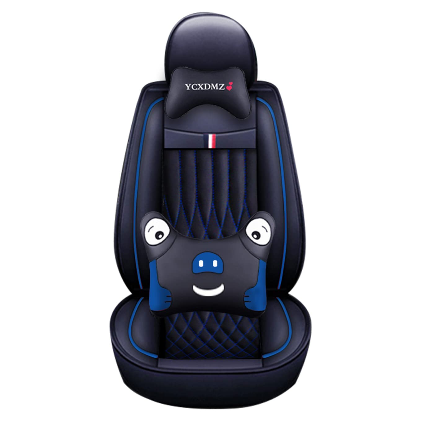 Premium Leather Car Seat Covers for Pontiac G3 G6 G8 (2000-2023 Models) - 5-Seat Waterproof Protection, Airbag Compatible - Black & Blue Cartoon Design - Perfect for Family Road Trips and Daily Commuting