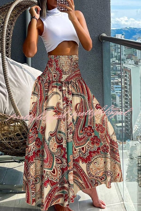 Stylish Printed Pleated Elastic Waist Maxi Skirt for Women | Holiday & Casual Wear | Perfect for Beach Vacations, Summer Outings & Festive Occasions