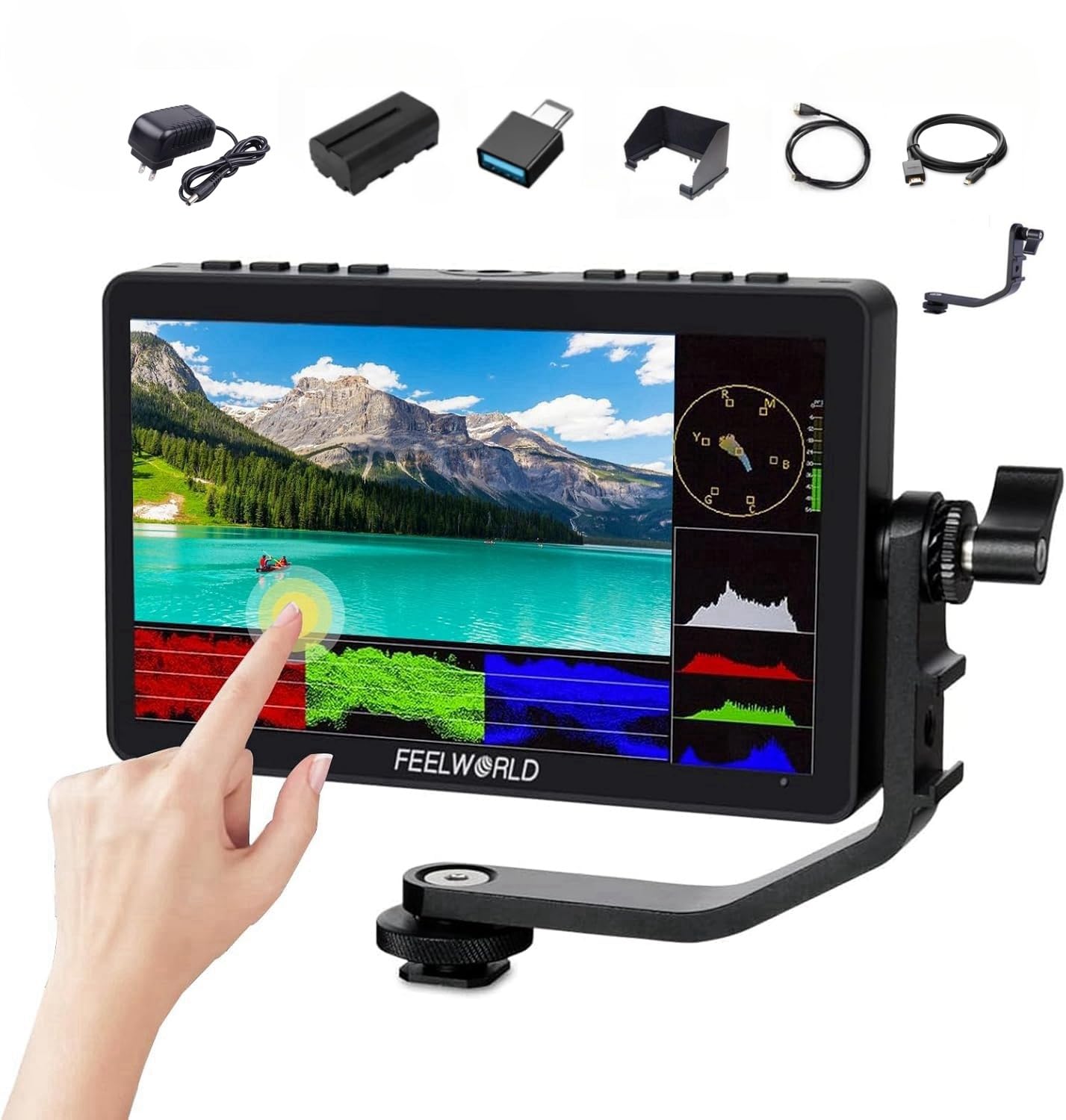 FEELWORLD F5 PRO V4 6 Inch 4K IPS Touch Screen Field Monitor for DSLR Cameras - FHD 1920x1080, HDMI & Type-C Input, Includes Tilt Arm, Battery & Charger - Perfect for Videography, Photography and On-Set Monitoring