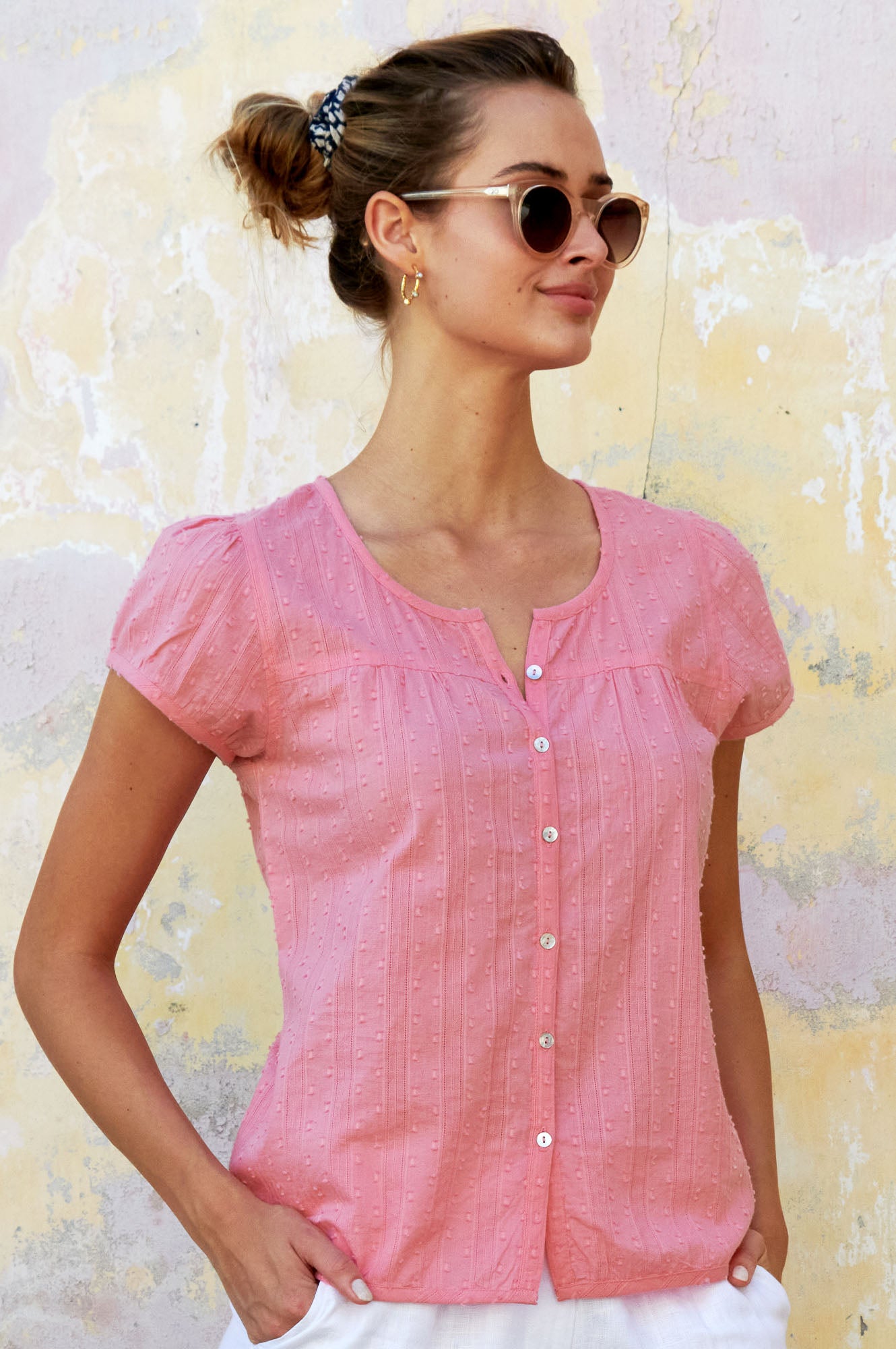 Lisbon Cotton Dobby Shirt for Women - Soft Pink Casual Button Down Blouse | Perfect for Office, Date Night & Spring Outfits