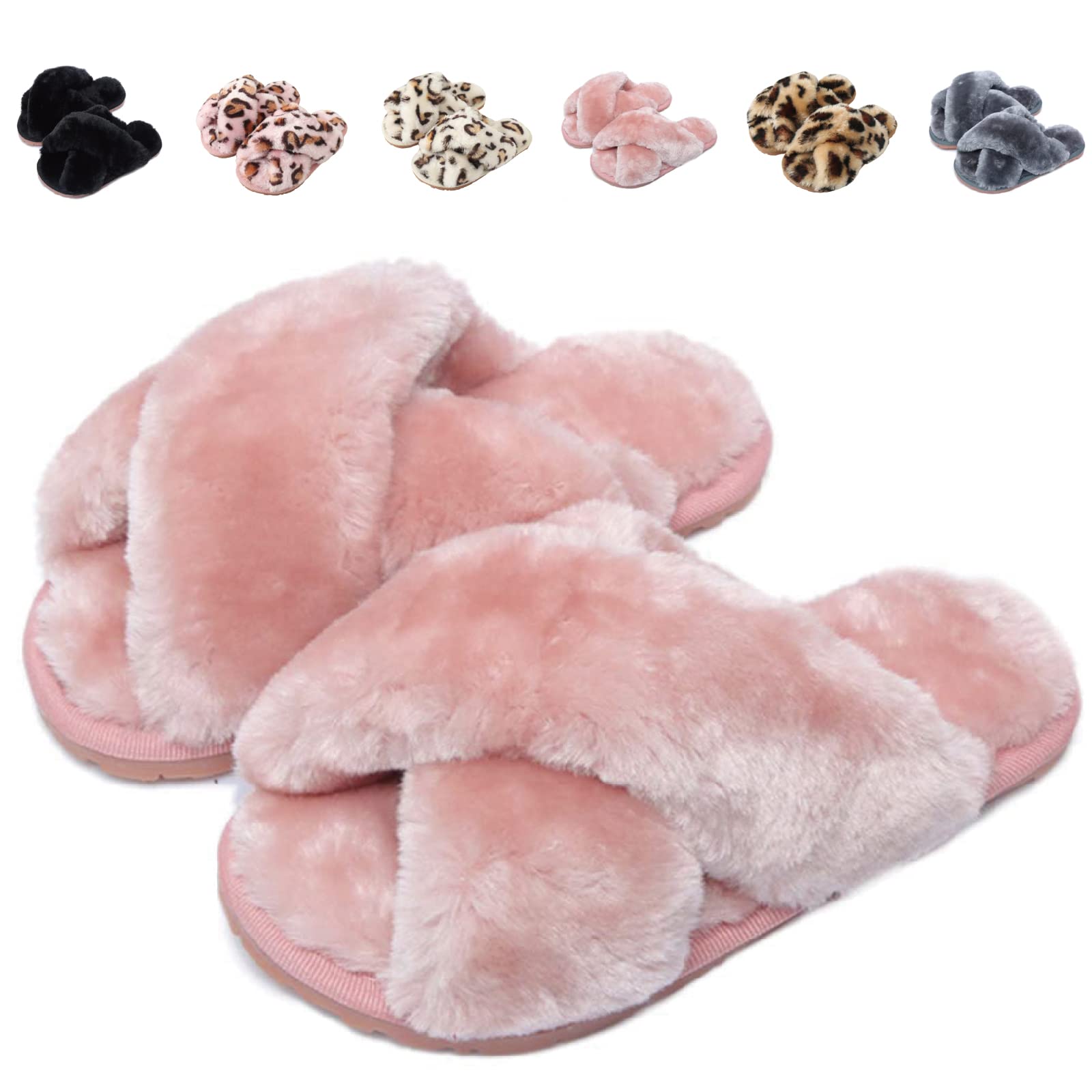 Fadezar Girls Fluffy Slippers - Warm Plush Memory Foam House Shoes for Kids | Cute Leopard Print Open-Toe Slide-On Slippers for Indoor Comfort & Playtime