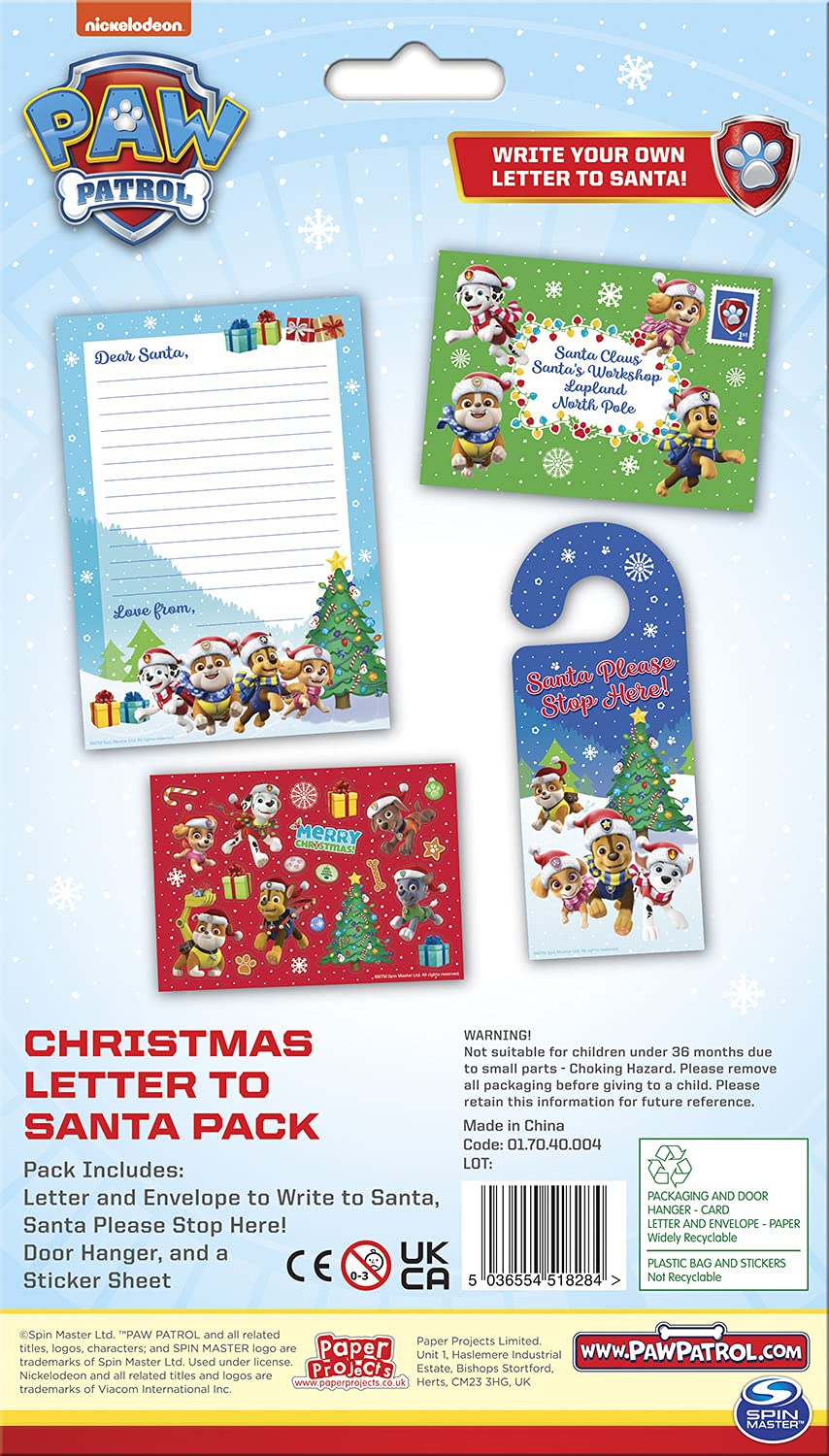 Paw Patrol Santa Letter Pack with Door Hanger & Stickers - Christmas Gift for Kids