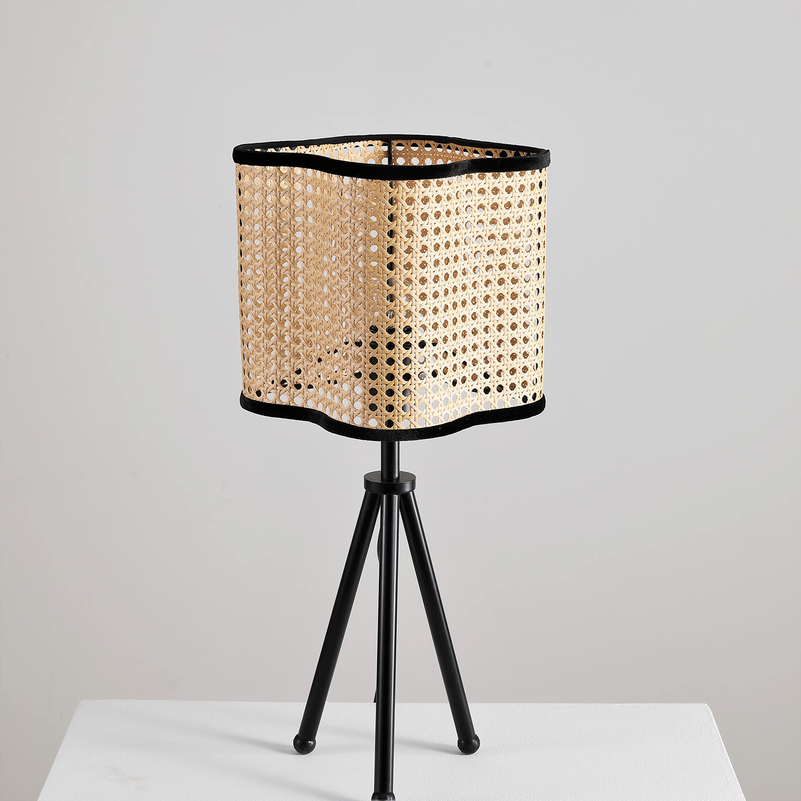 Vintage Bohemian Tripod Table Lamp with PVC Rattan Shade & Velvet Trim - Mid Century Style Lighting for Bedroom, Dining Room, Kitchen & Living Room Decor - Perfect for Cozy Reading Nooks & Boho Home Accents